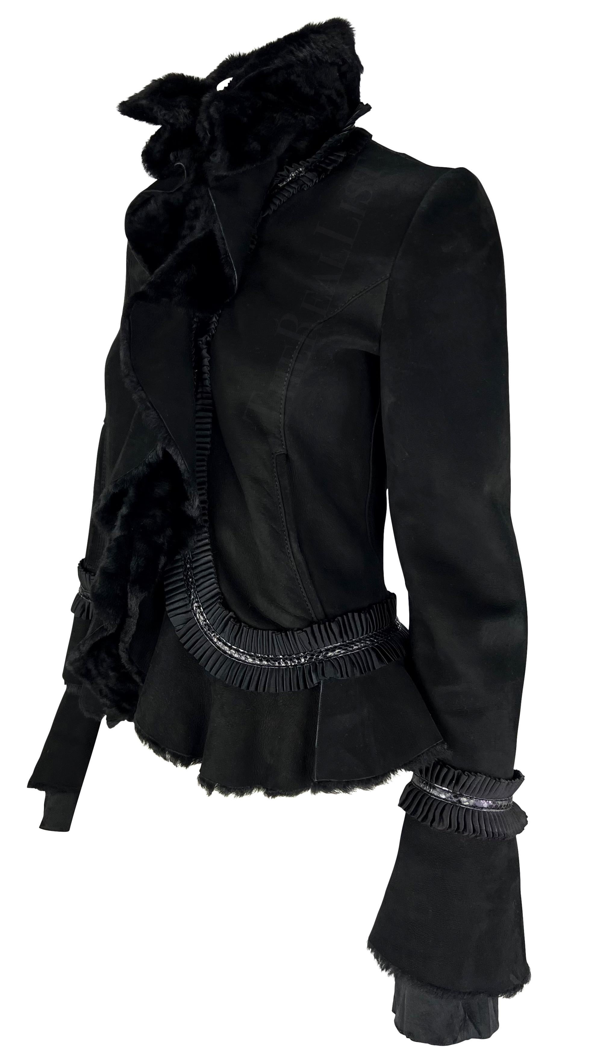 F/W 2006 Roberto Cavalli Black Shearling Silk Ribbon Accent Jacket In Good Condition For Sale In West Hollywood, CA
