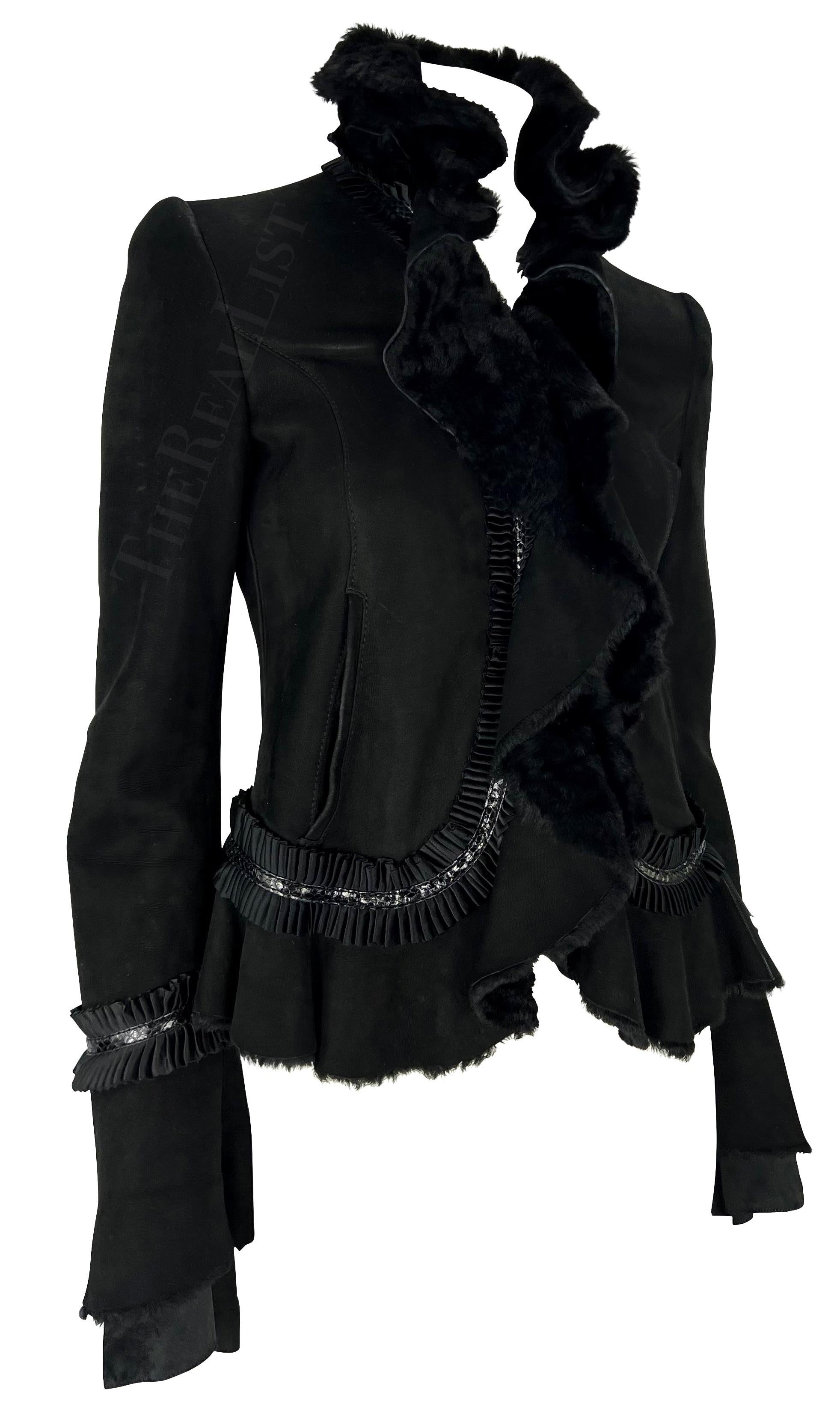 F/W 2006 Roberto Cavalli Black Shearling Silk Ribbon Accent Jacket For Sale 4