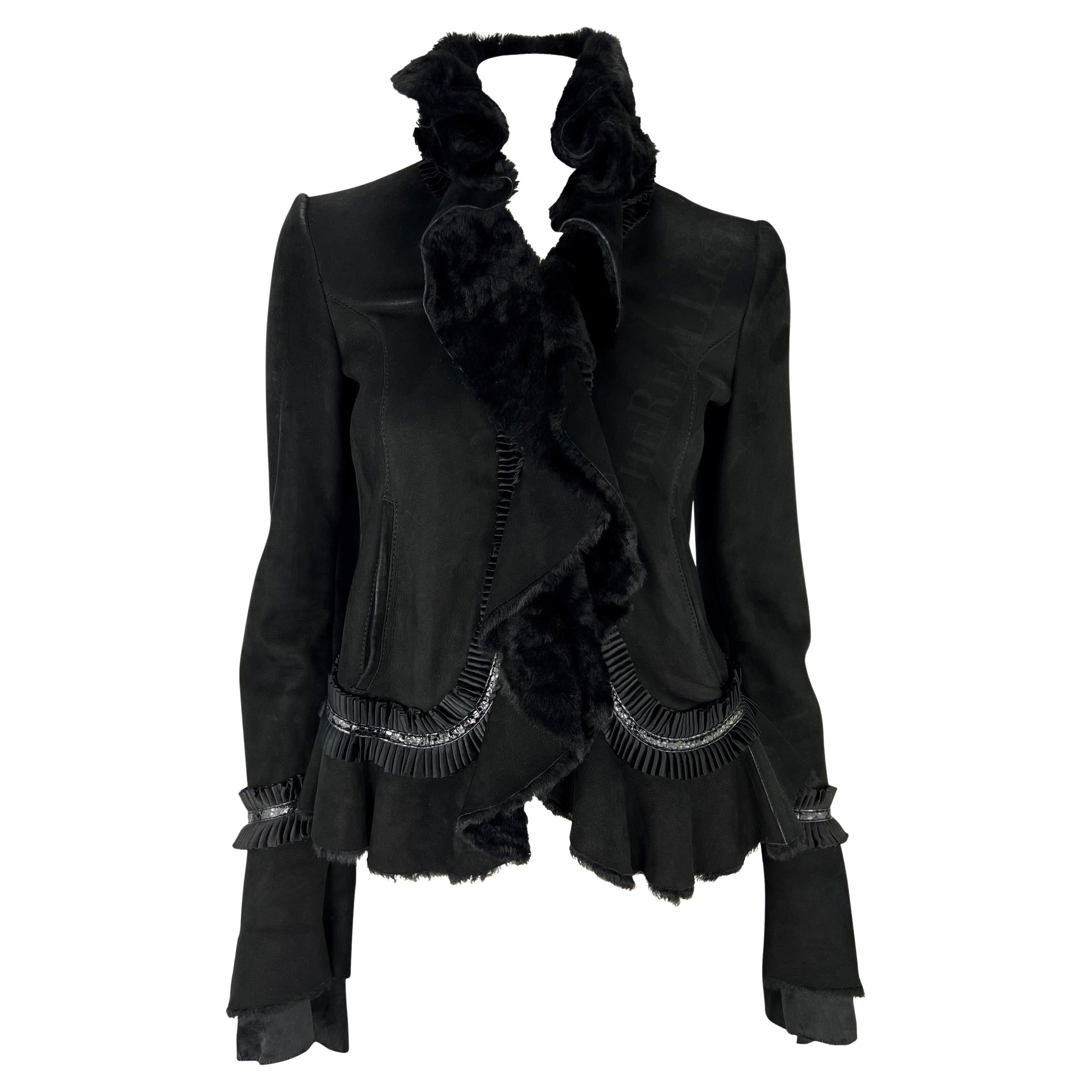 F/W 2006 Roberto Cavalli Black Shearling Silk Ribbon Accent Jacket For Sale