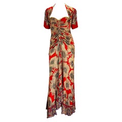 F/W 2006 Roberto Cavalli Red Floral Print Viscose Ruffle Maxi Bustier Dress