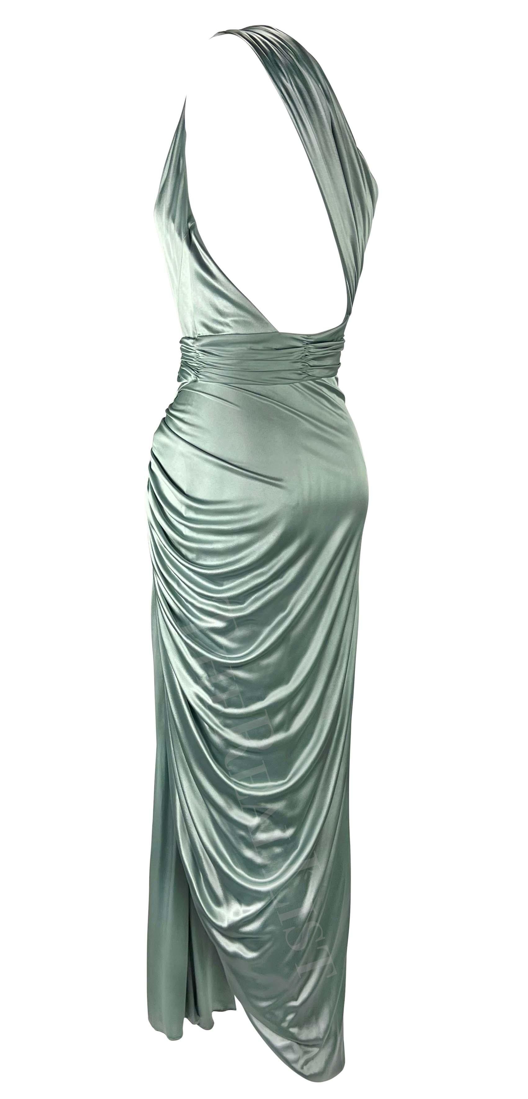 F/W 2006 Versace by Donatella Runway Ad Ruched Light Blue Stretch Slit Gown For Sale 5