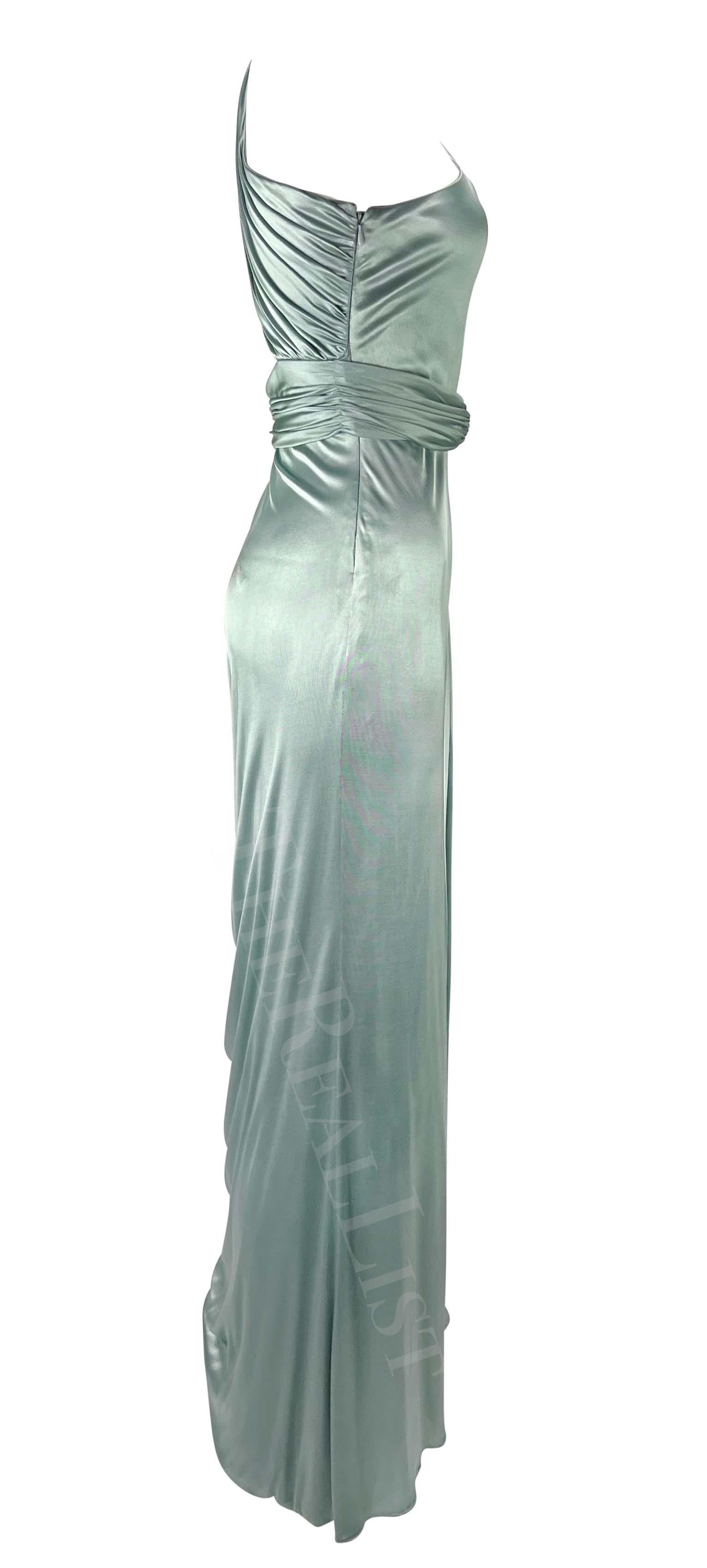 F/W 2006 Versace by Donatella Runway Ad Ruched Light Blue Stretch Slit Gown For Sale 7