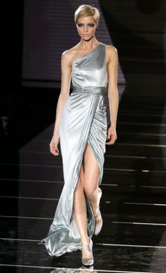 F/W 2006 Versace by Donatella Runway Ad Ruched Light Blue Stretch Slit Gown