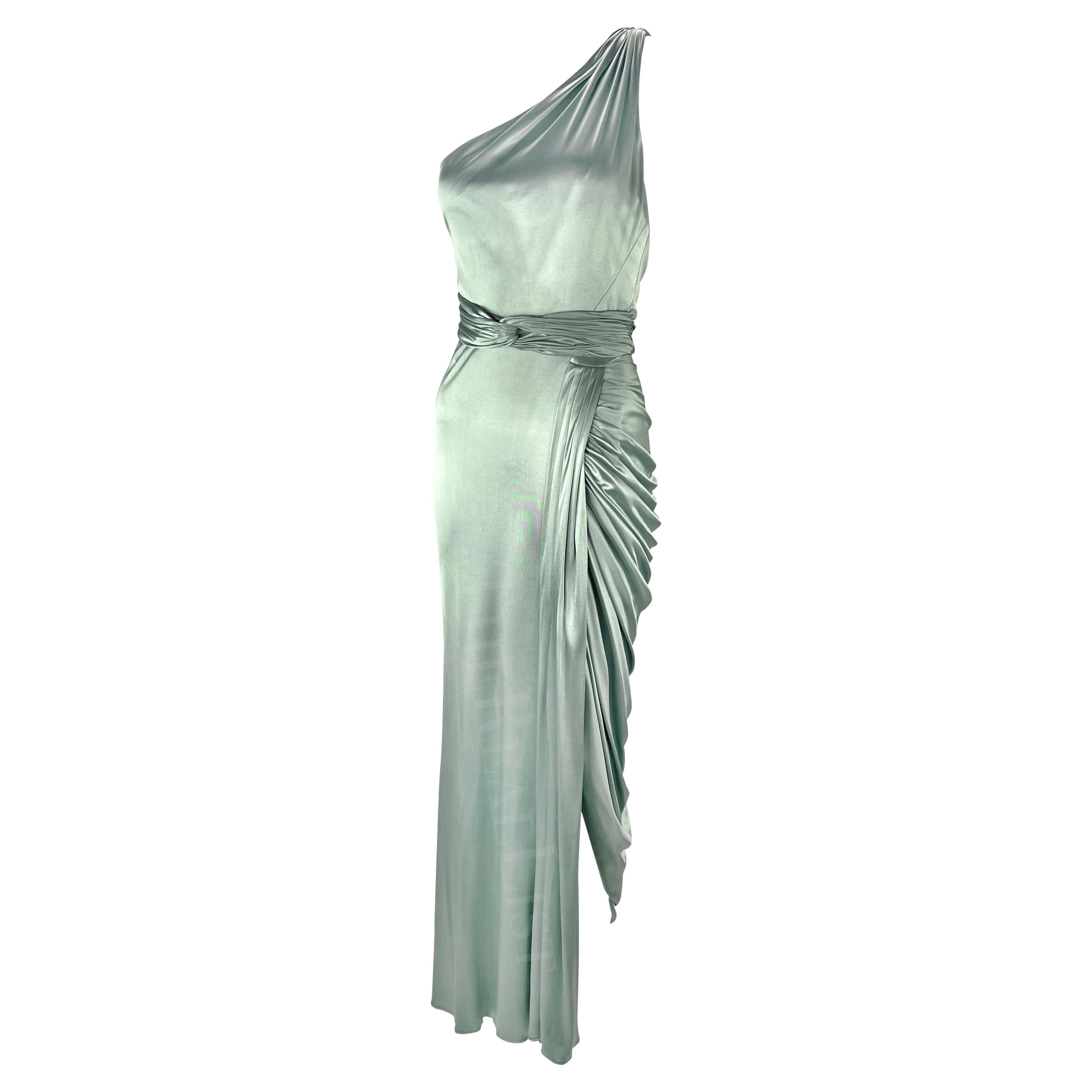 F/W 2006 Versace by Donatella Runway Ad Ruched Light Blue Stretch Slit Gown In Excellent Condition For Sale In West Hollywood, CA