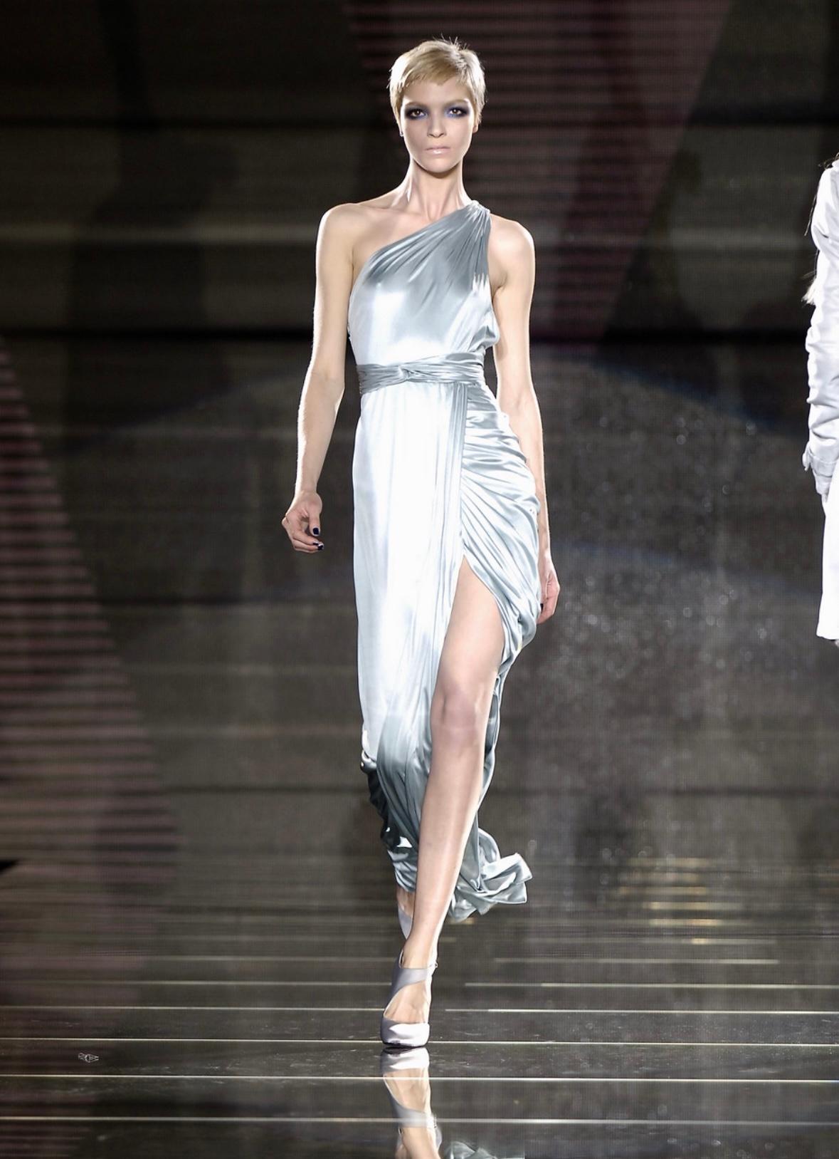 Women's F/W 2006 Versace by Donatella Runway Ad Ruched Light Blue Stretch Slit Gown For Sale
