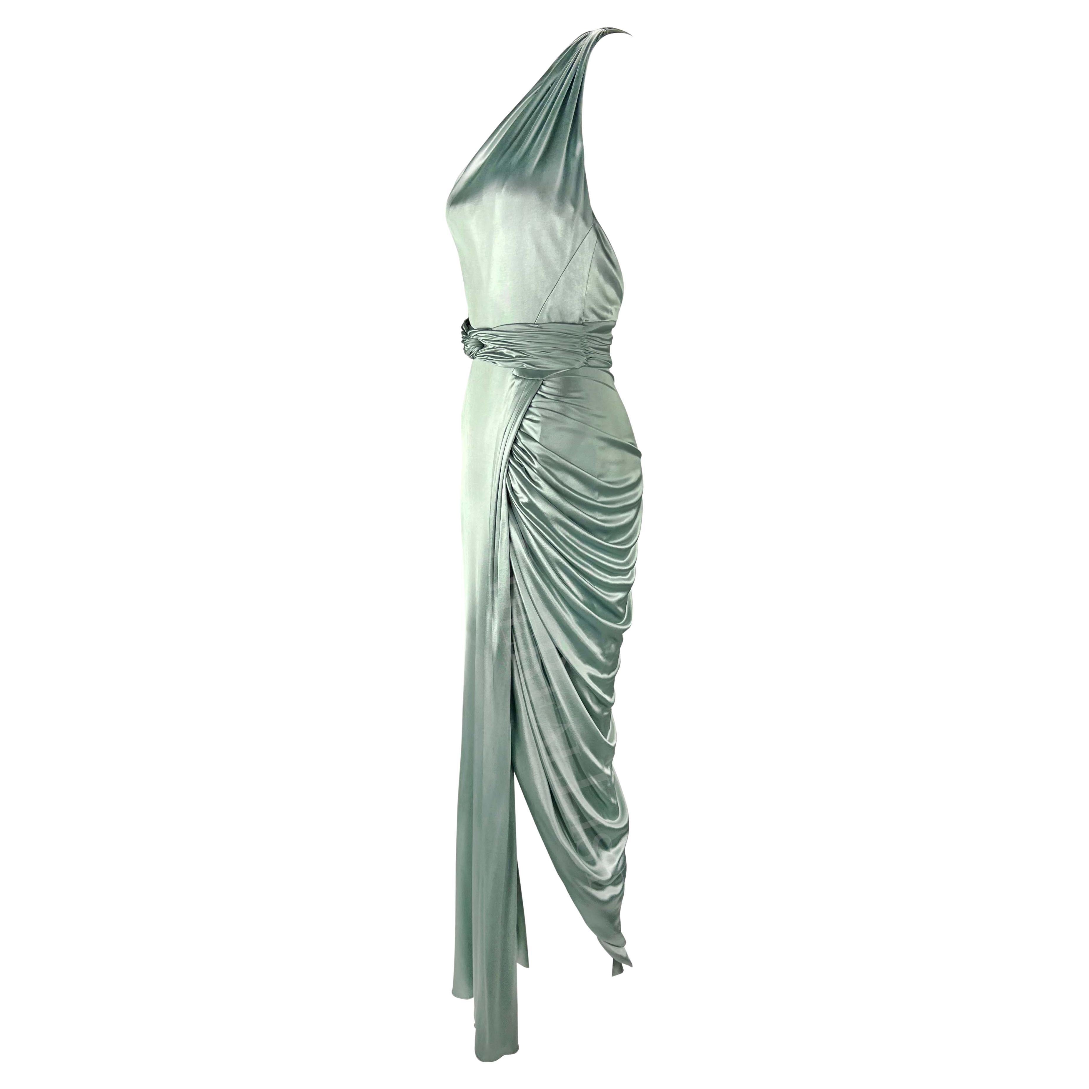 F/W 2006 Versace by Donatella Runway Ad Ruched Light Blue Stretch Slit Gown For Sale 1