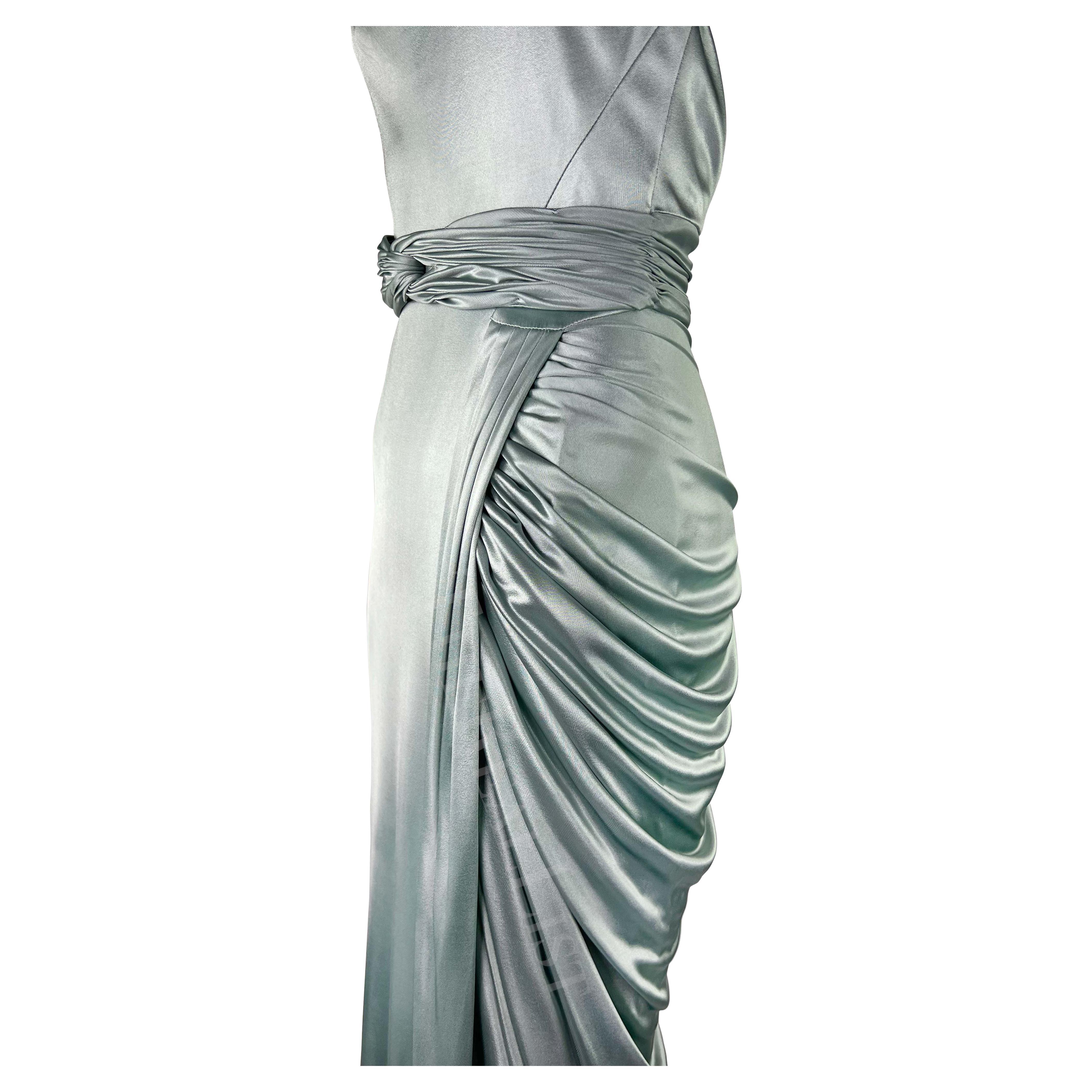 F/W 2006 Versace by Donatella Runway Ad Ruched Light Blue Stretch Slit Gown 3