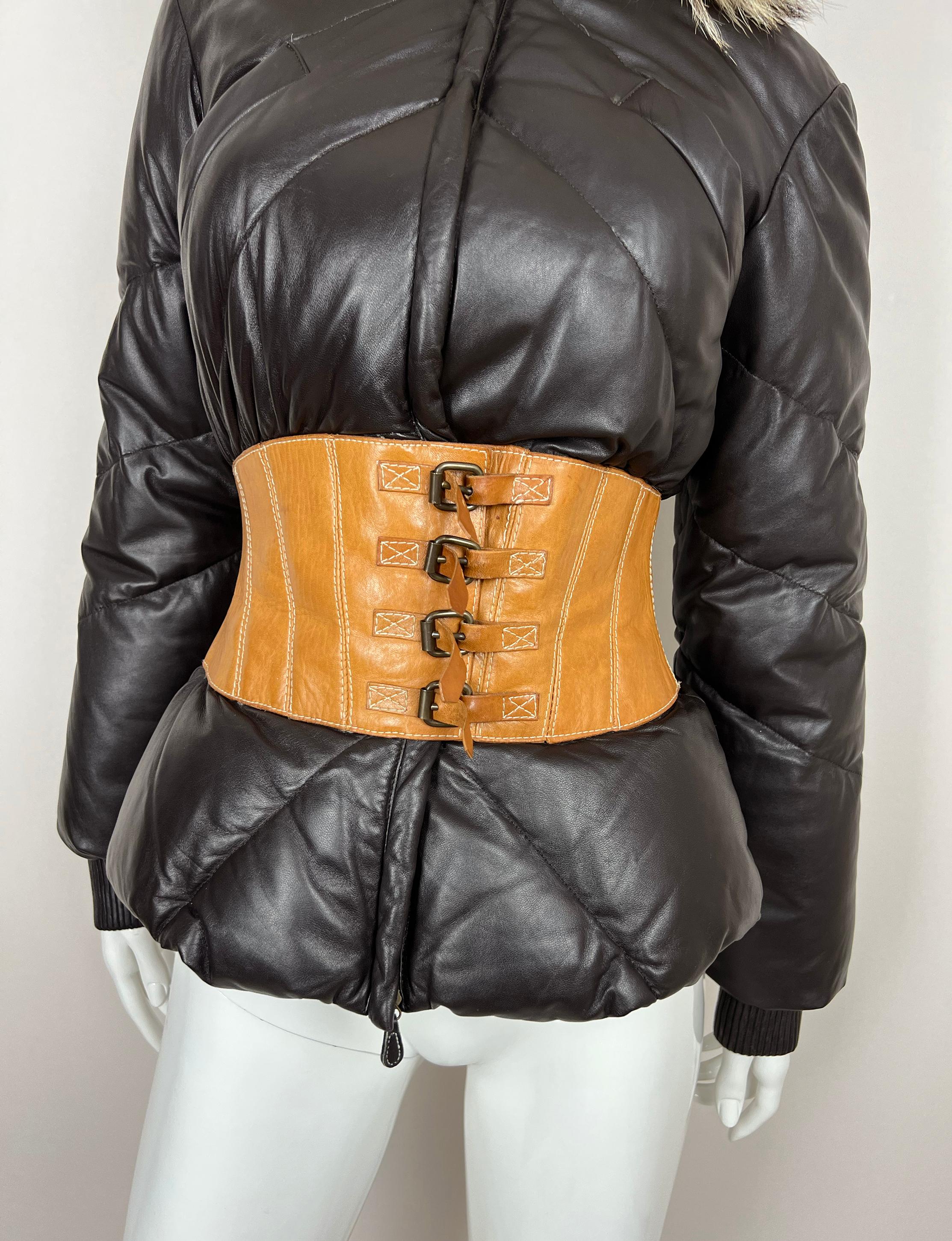F/W 2007 Alexander McQueen corset down leather jacket with fur hood collection For Sale 10