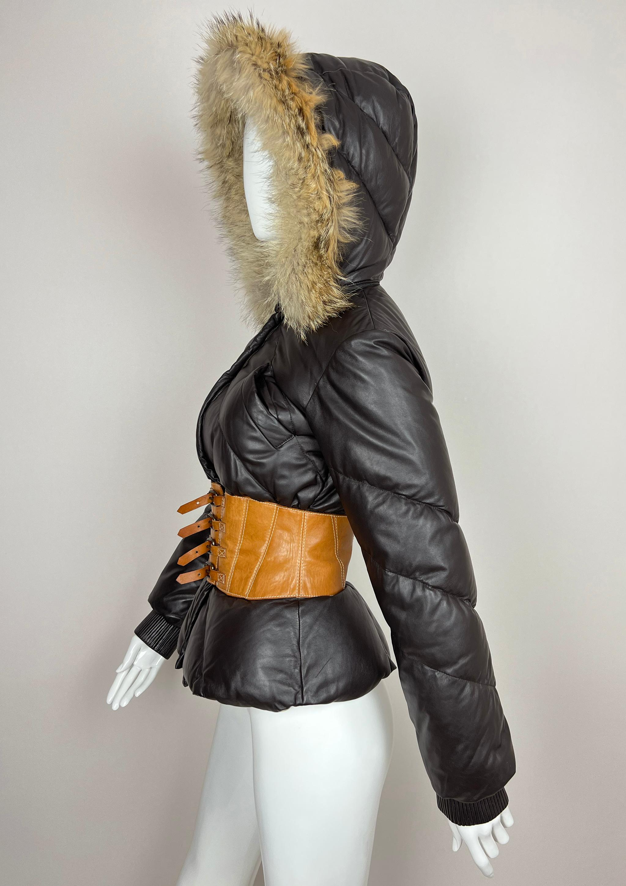 F/W 2007 Alexander McQueen corset down leather jacket with fur hood collection For Sale 11