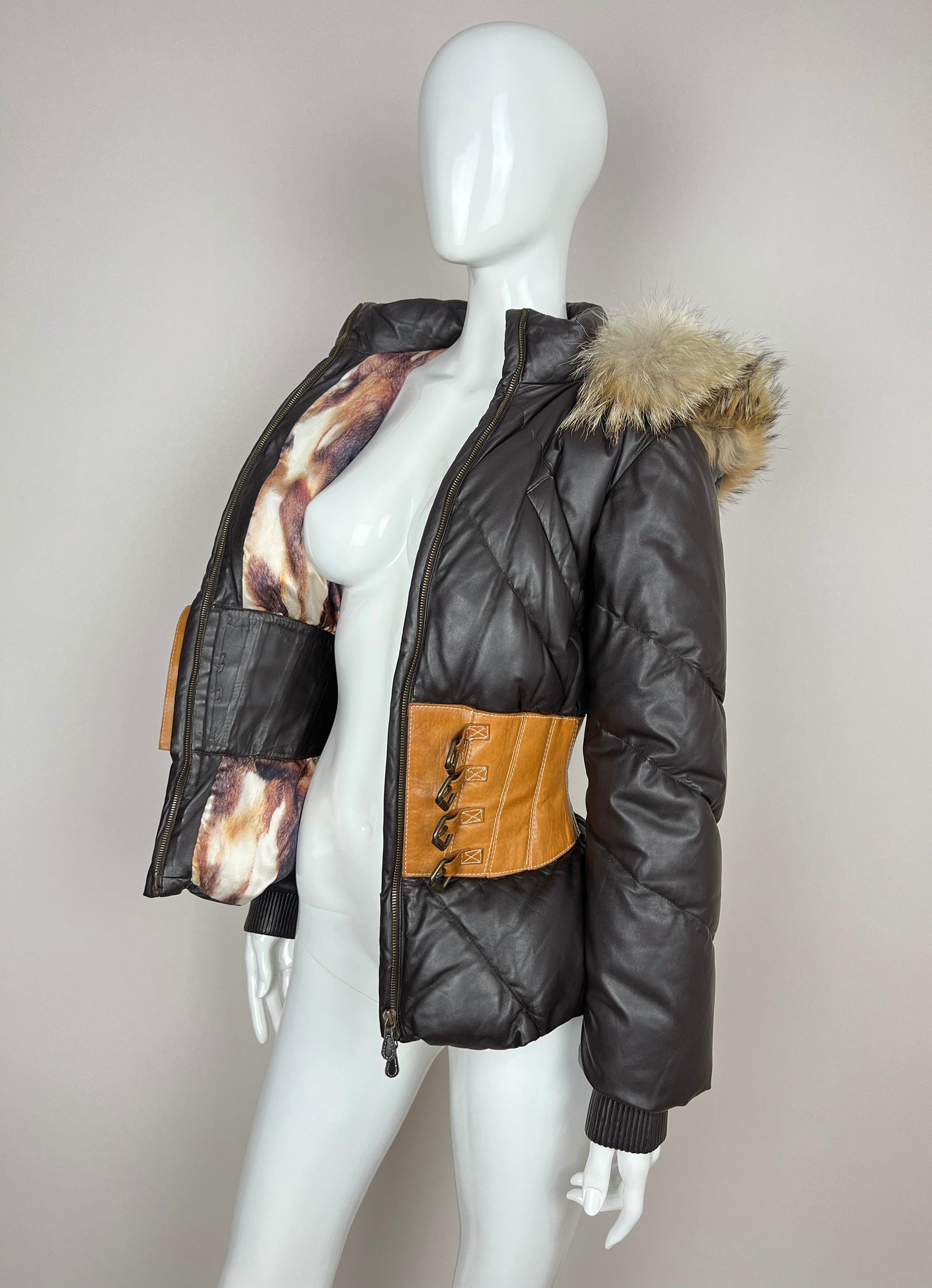 F/W 2007 Alexander McQueen corset down leather jacket with fur hood collection For Sale 12