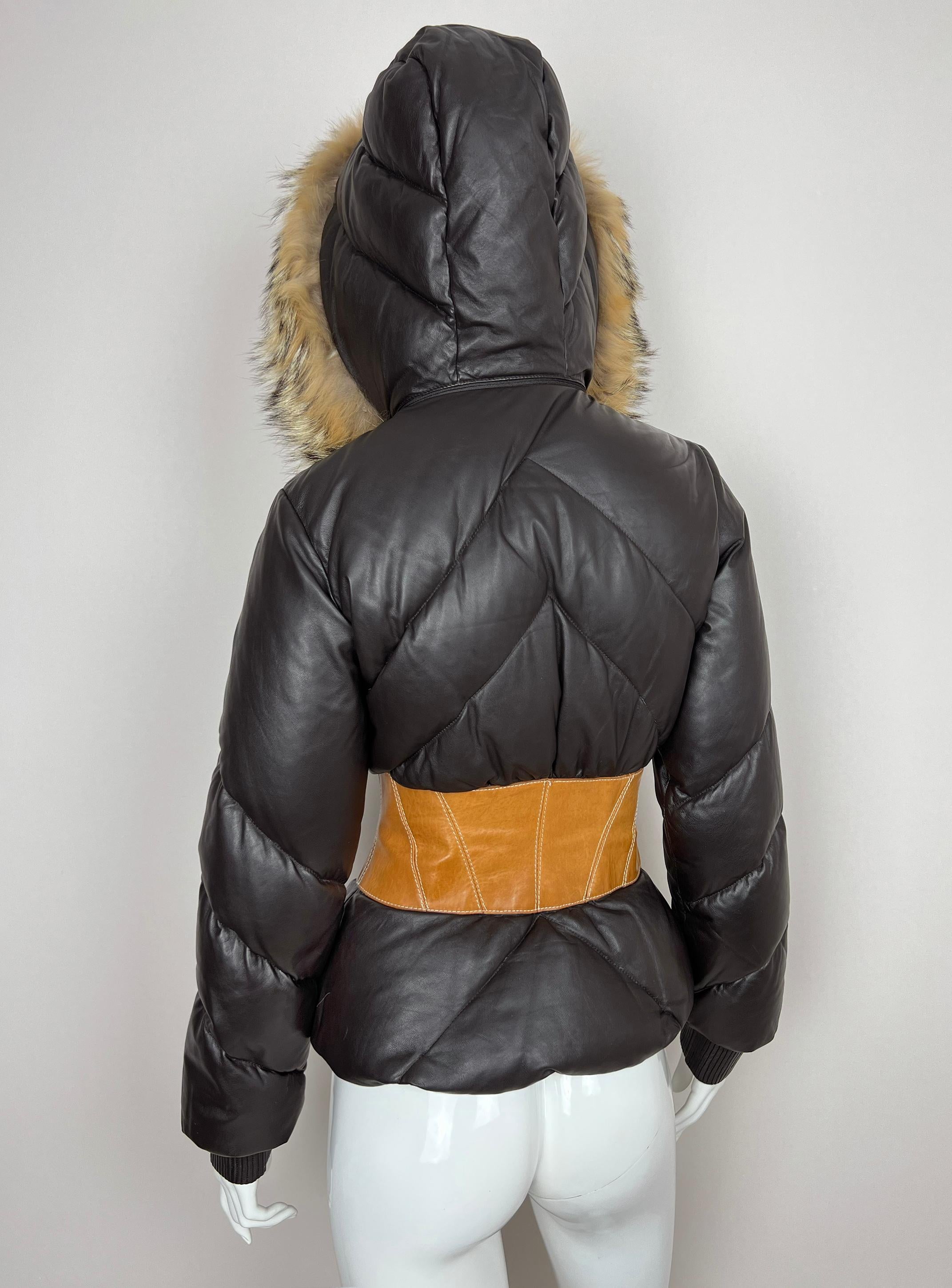 F/W 2007 Alexander McQueen corset down leather jacket with fur hood collection For Sale 13