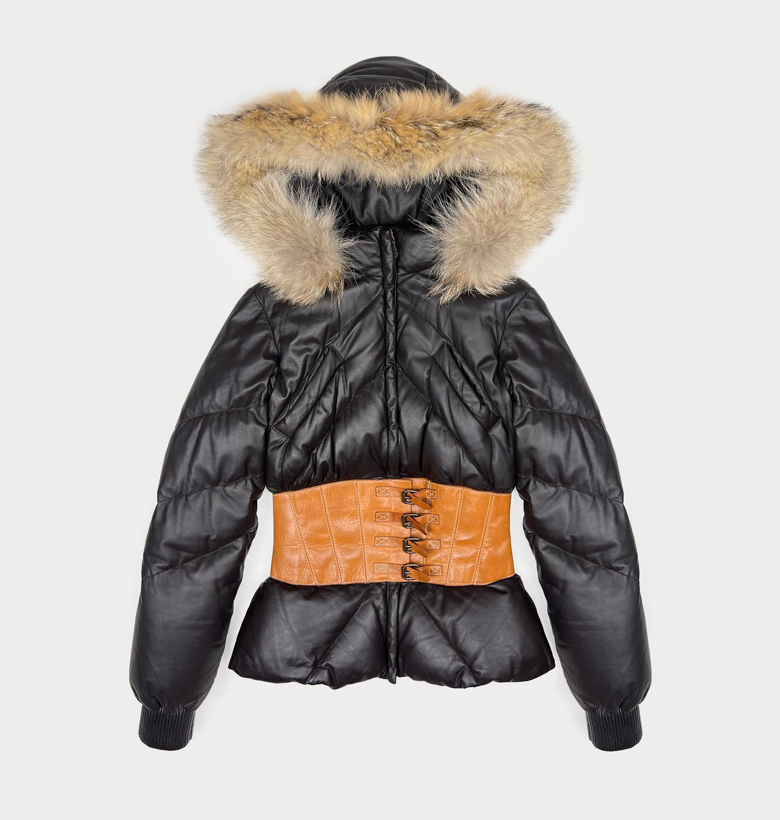 Black F/W 2007 Alexander McQueen corset down leather jacket with fur hood collection For Sale