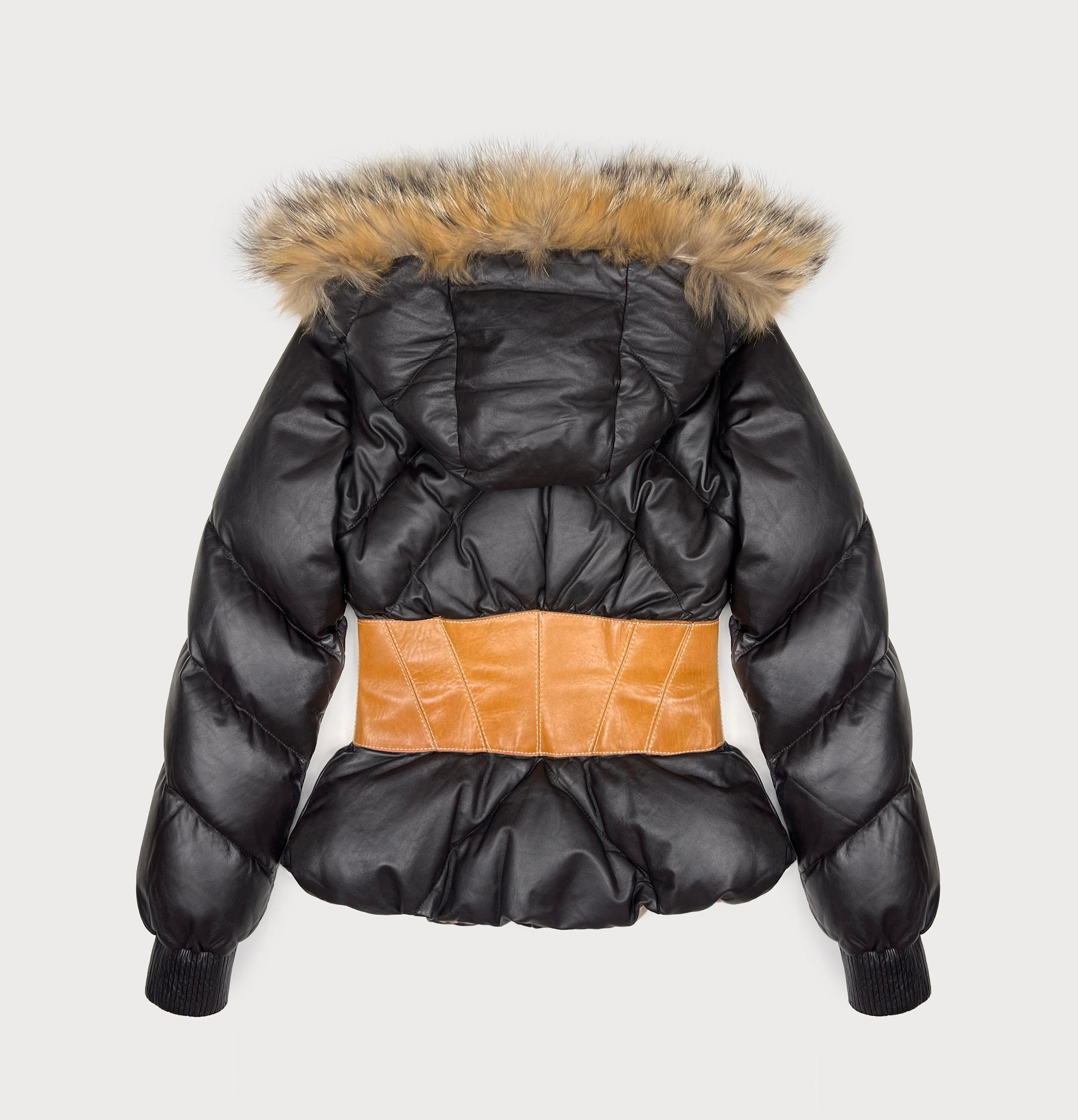 Women's or Men's F/W 2007 Alexander McQueen corset down leather jacket with fur hood collection For Sale