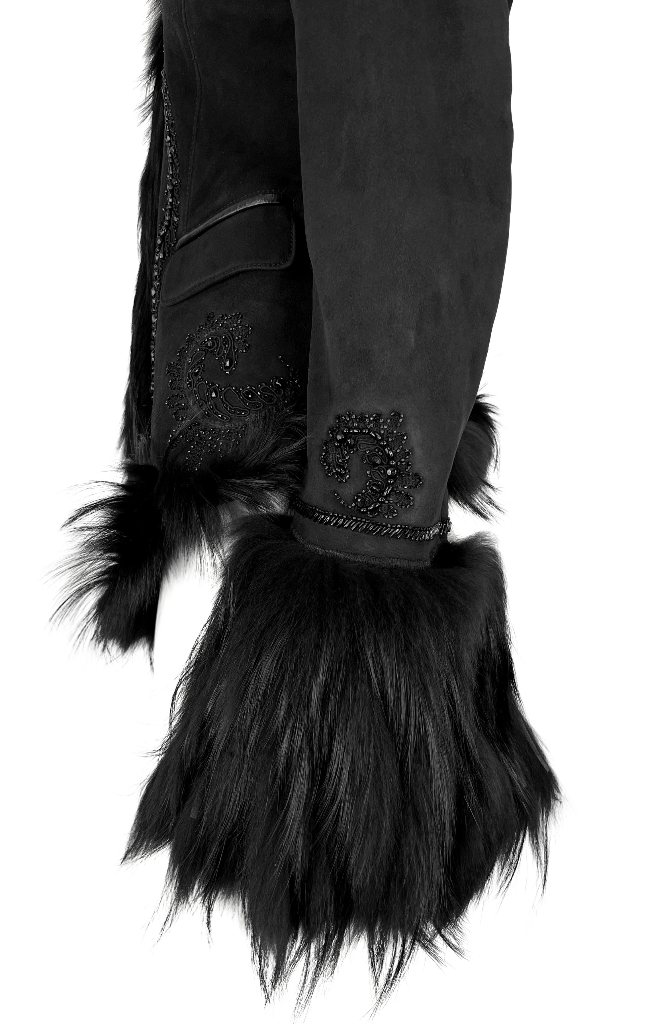 F/W 2007 Roberto Cavalli Black Fur Strip Trim Beaded Suede Shearling Jacket For Sale 1