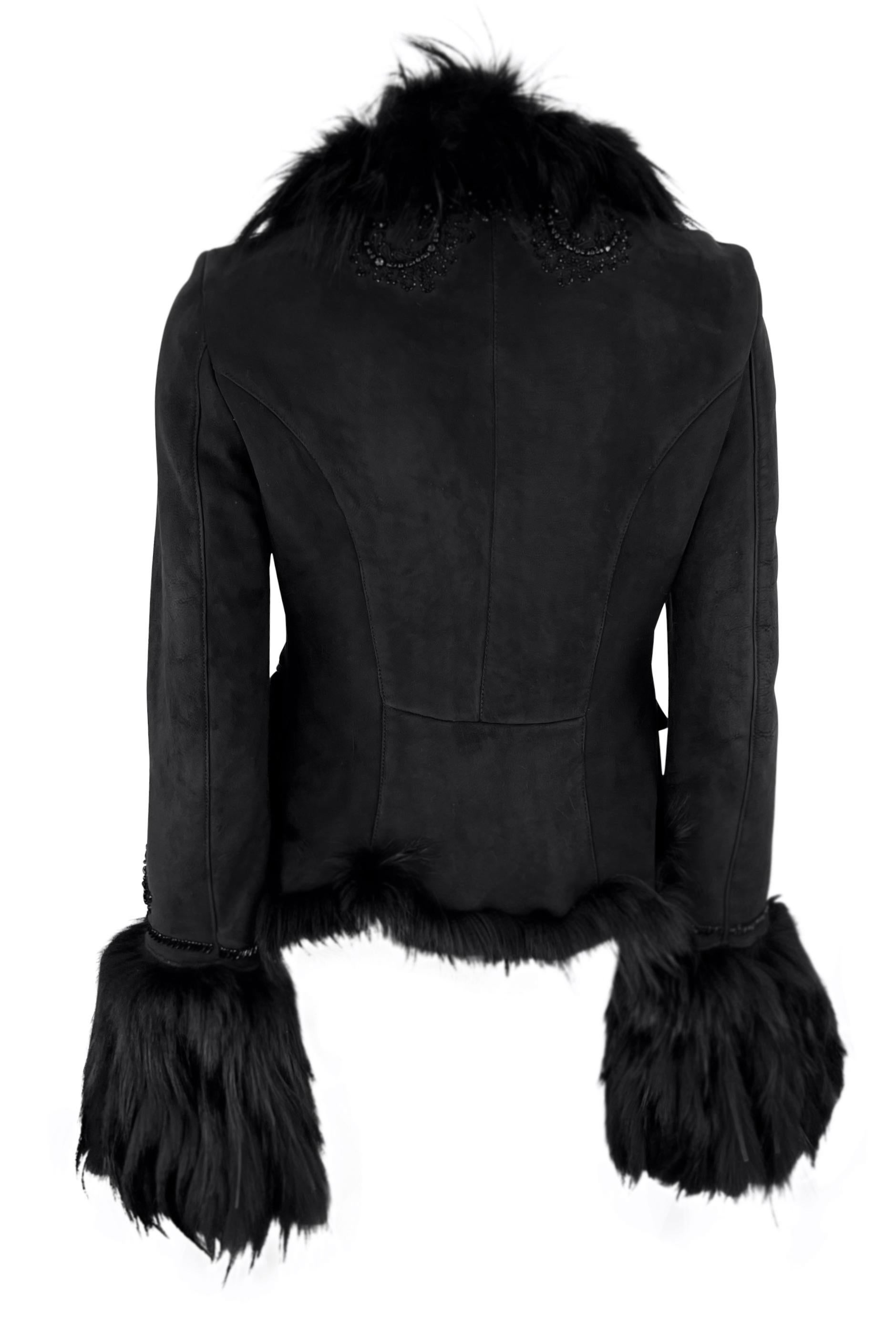 F/W 2007 Roberto Cavalli Black Fur Strip Trim Beaded Suede Shearling Jacket For Sale 2