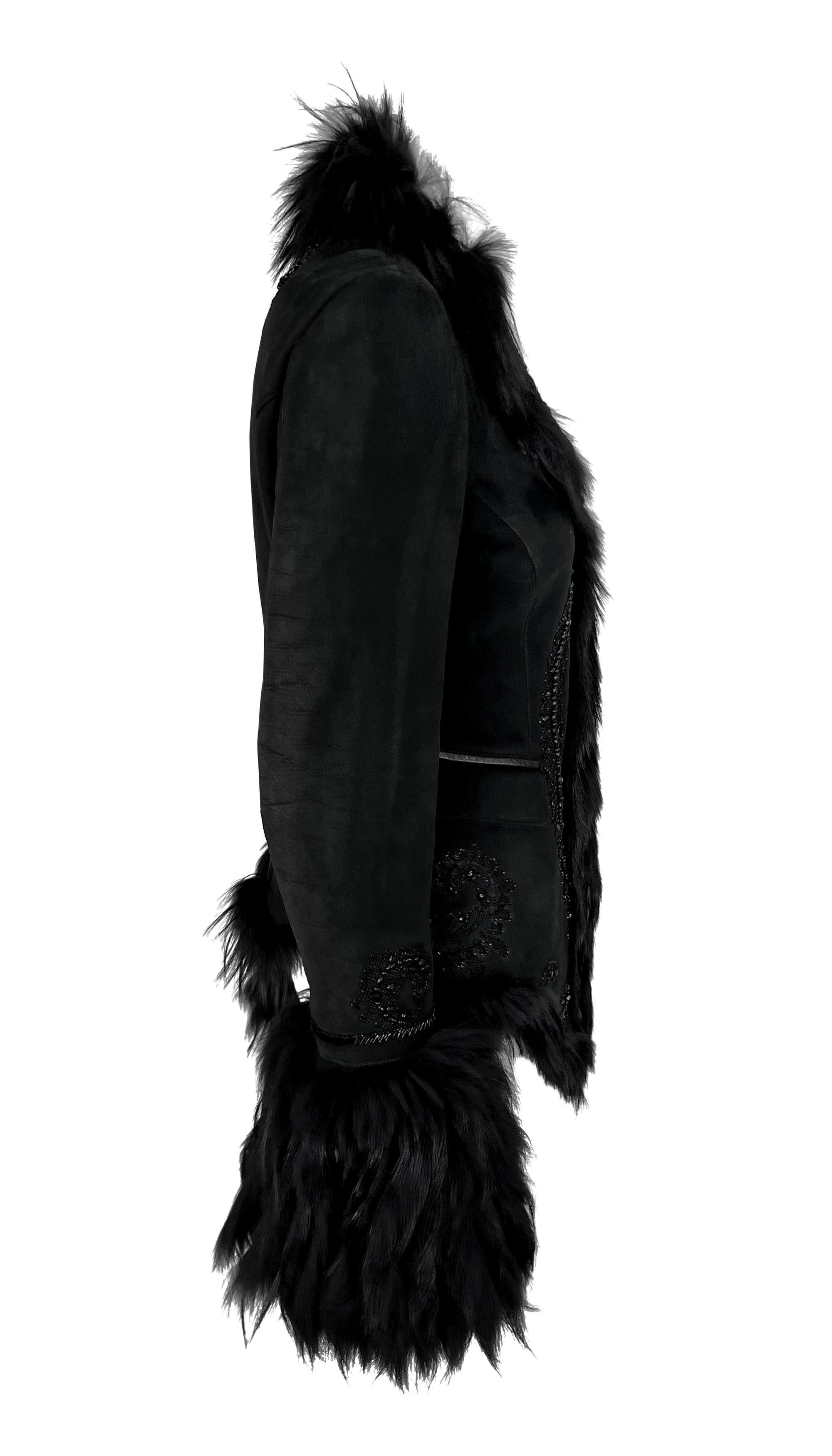 F/W 2007 Roberto Cavalli Black Fur Strip Trim Beaded Suede Shearling Jacket For Sale 3