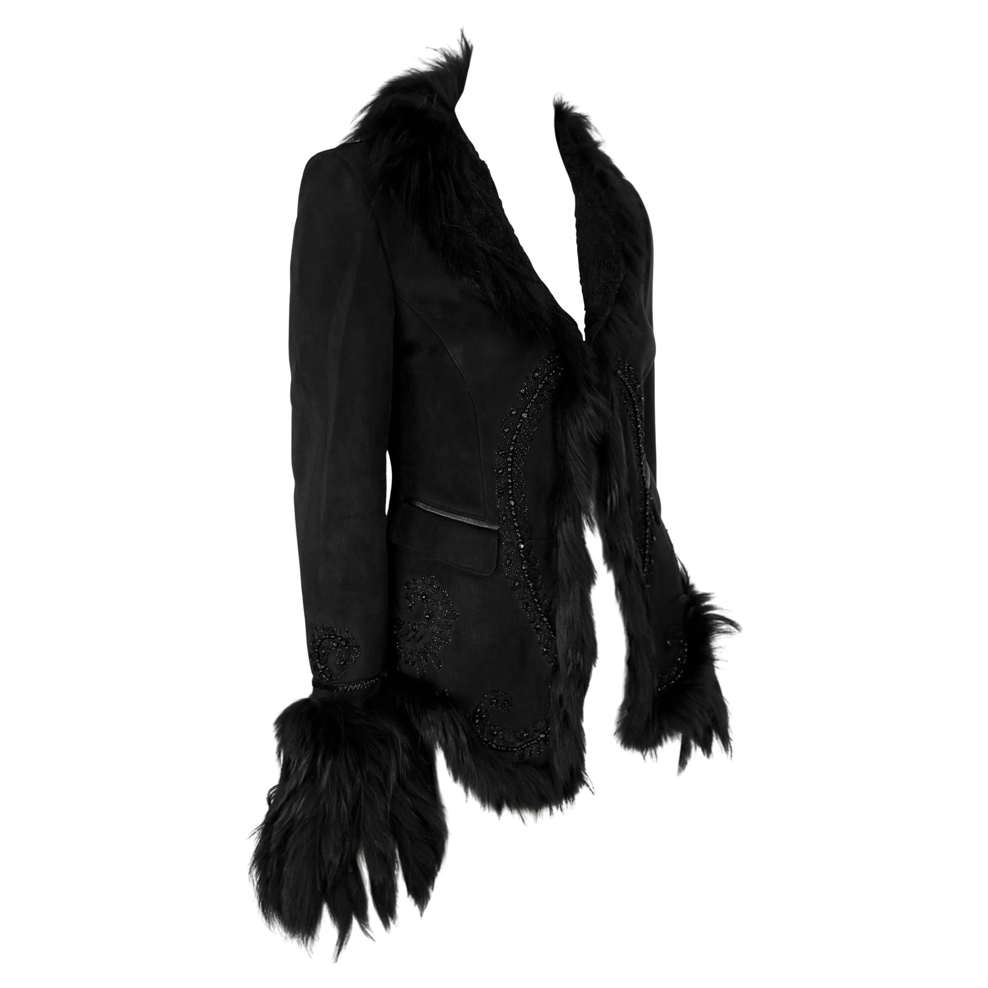 F/W 2007 Roberto Cavalli Black Fur Strip Trim Beaded Suede Shearling Jacket For Sale 4