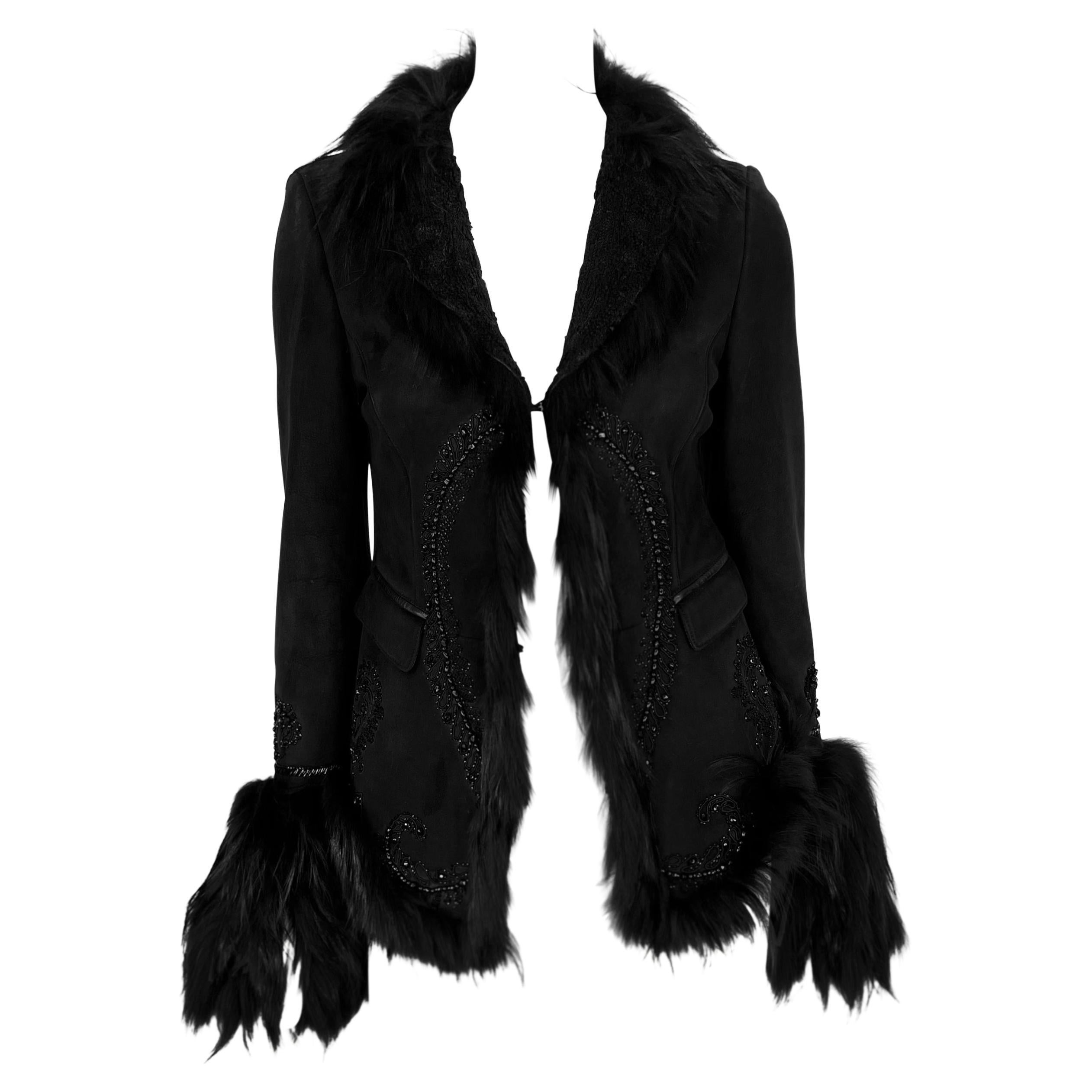F/W 2007 Roberto Cavalli Black Fur Strip Trim Beaded Suede Shearling Jacket For Sale