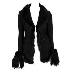 F/W 2007 Roberto Cavalli Black Fur Strip Trim Beaded Suede Shearling Jacket
