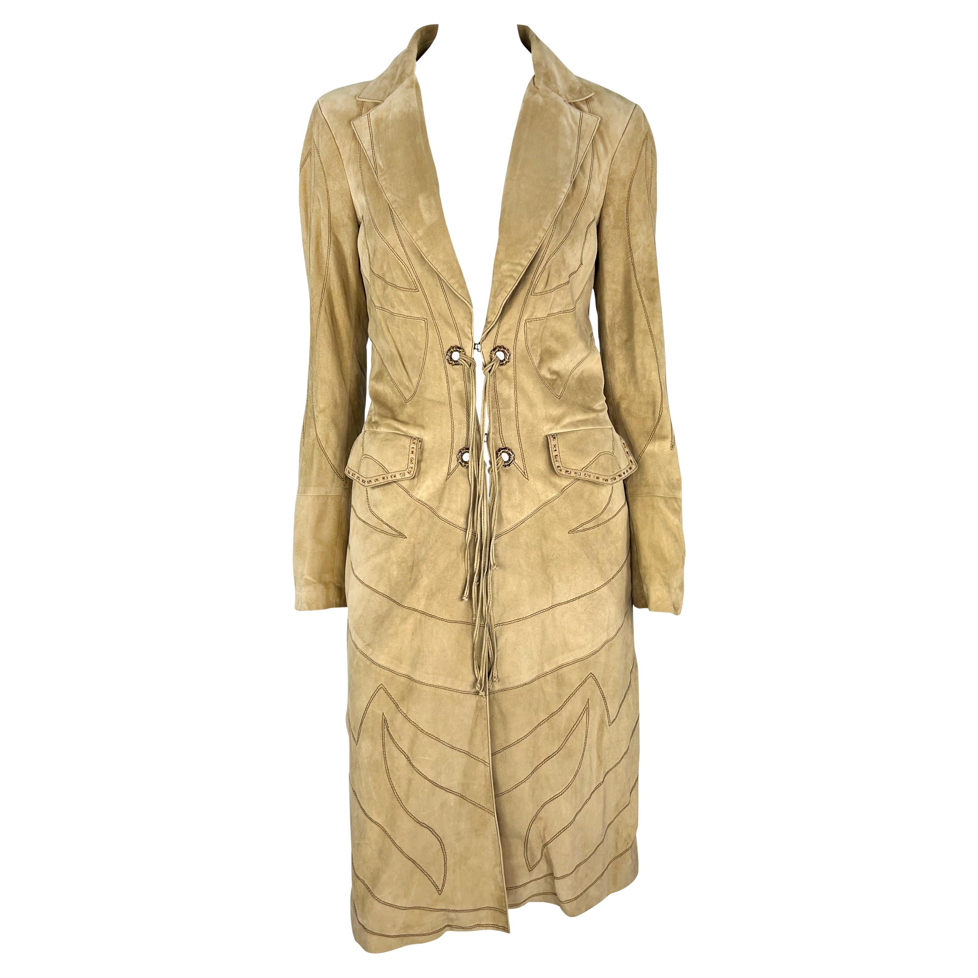 F/W 2007 Roberto Cavalli Light Suede Western Embroidered Panel Coat For Sale