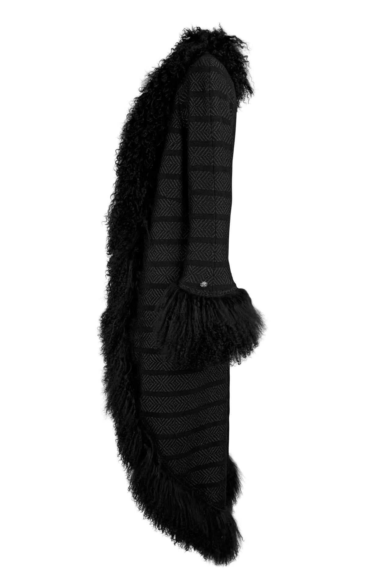 Women's F/W 2008 Chanel by Karl Lagerfeld Mongolian Lamb Fur Trim Metallic Tweed Coat For Sale