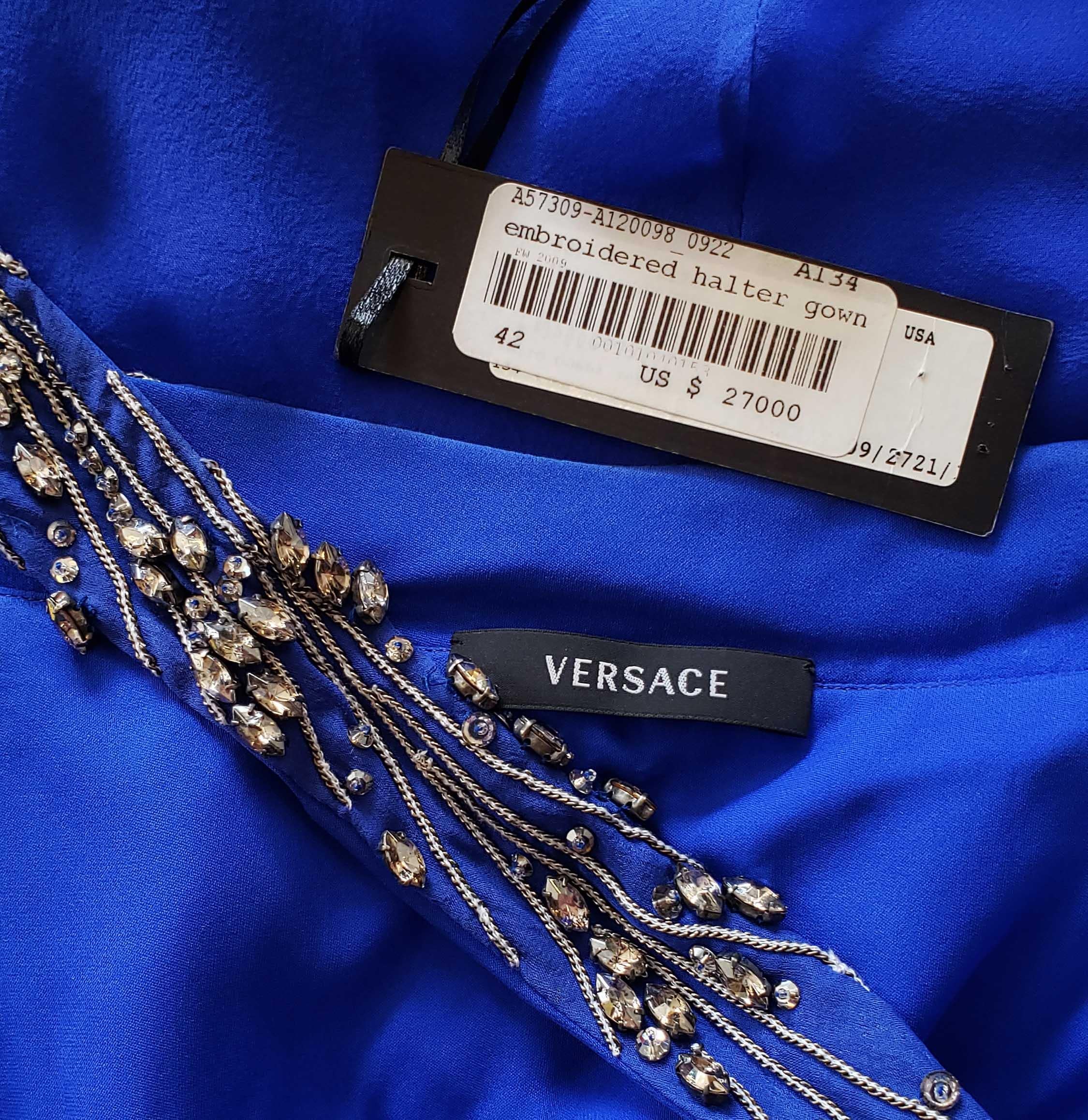 Versace - Robe dos nu marbrée en soie bleue, neuve, automne-hiver 2009, taille 42/6 en vente 8