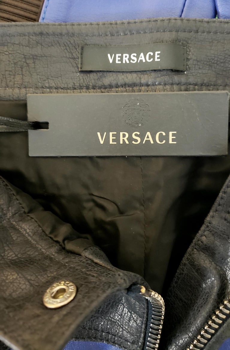 F/W 2010 L #13 VERSACE BLUE and NAVY BLUE MOTORCYCLE LEATHER PANTS size ...