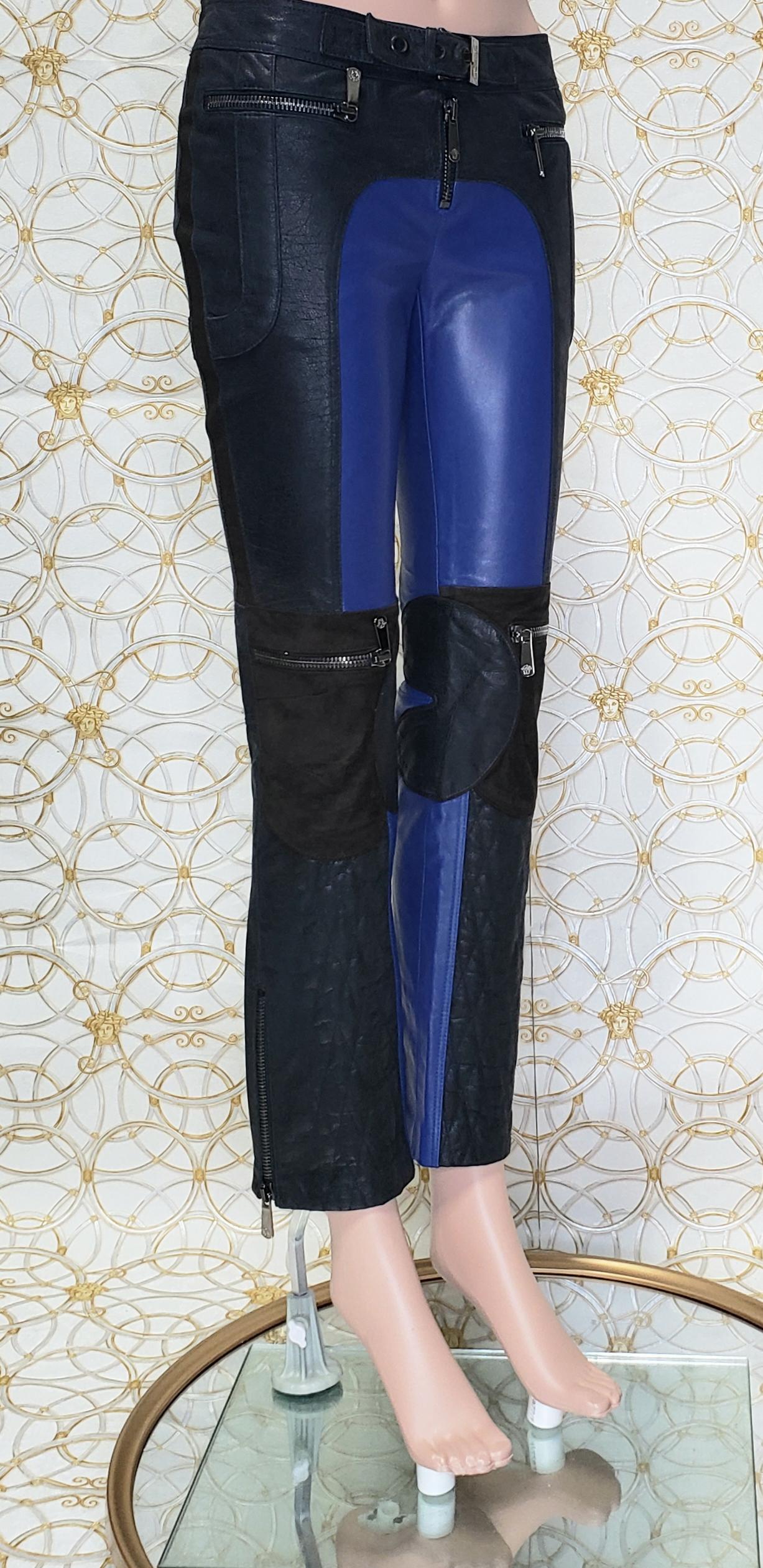 F/W 2010 L #13 VERSACE BLUE and NAVY BLUE MOTORCYCLE LEATHER PANTS size 38 - 2 For Sale 1