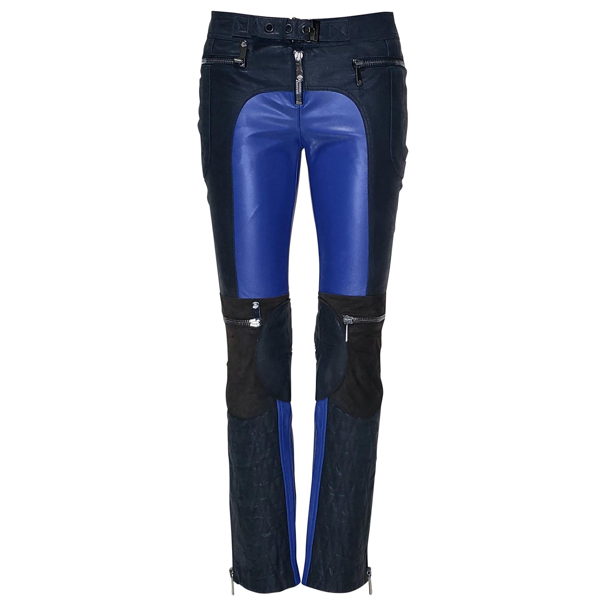 F/W 2010 L #13 VERSACE BLUE and NAVY BLUE MOTORCYCLE LEATHER PANTS size 38 - 2