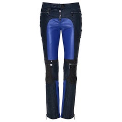 F/W 2010 L #13 VERSACE BLUE and NAVY BLUE MOTORCYCLE LEATHER PANTS size 38 - 2