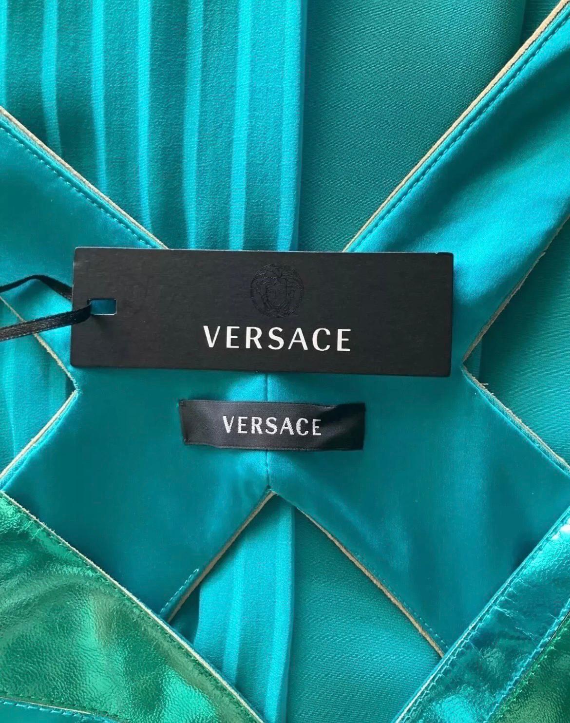 F/W 2010 Look#38 Vintage Versace Turquoise Silk Gown with Mirrored Leather 44 For Sale 5