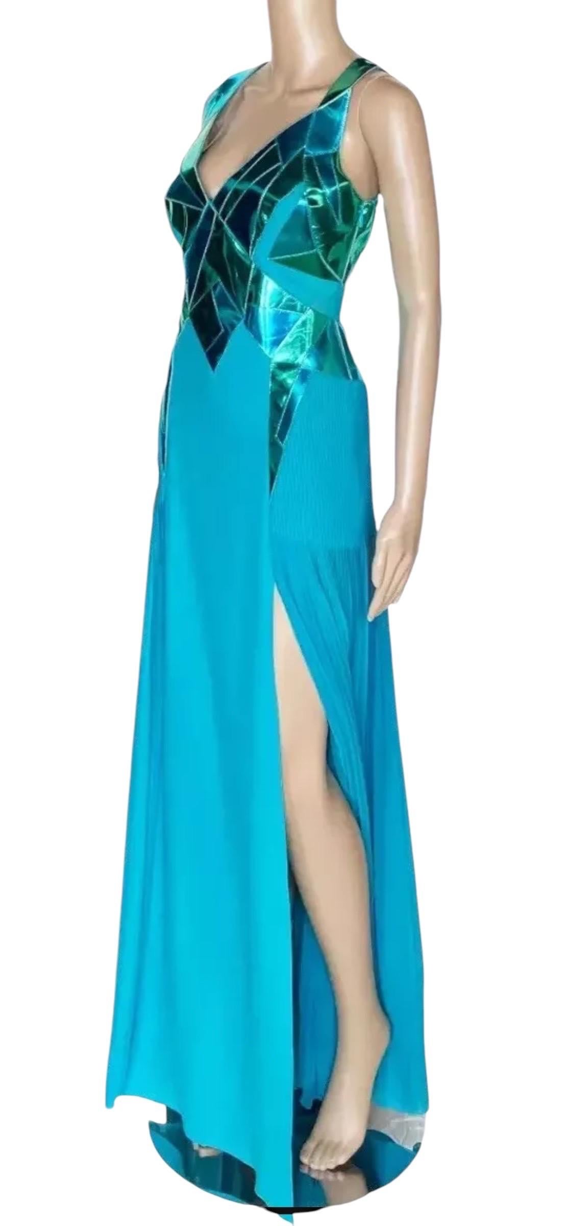 Blue F/W 2010 Look#38 Vintage Versace Turquoise Silk Gown with Mirrored Leather 44 For Sale
