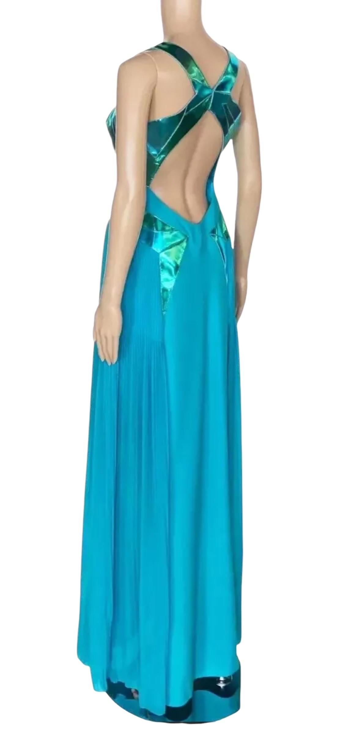 Women's F/W 2010 Look#38 Vintage Versace Turquoise Silk Gown with Mirrored Leather 44 For Sale