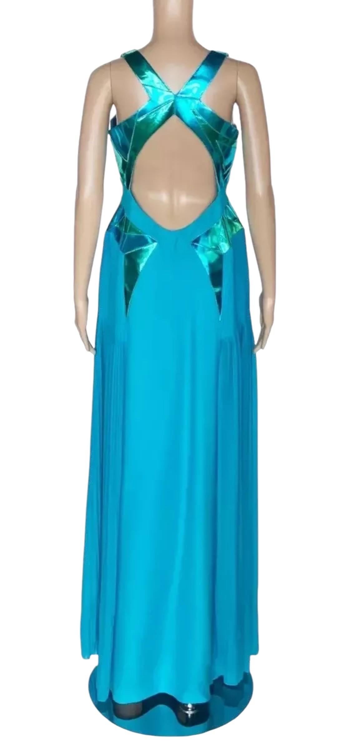 F/W 2010 Look#38 Vintage Versace Turquoise Silk Gown with Mirrored Leather 44 For Sale 1