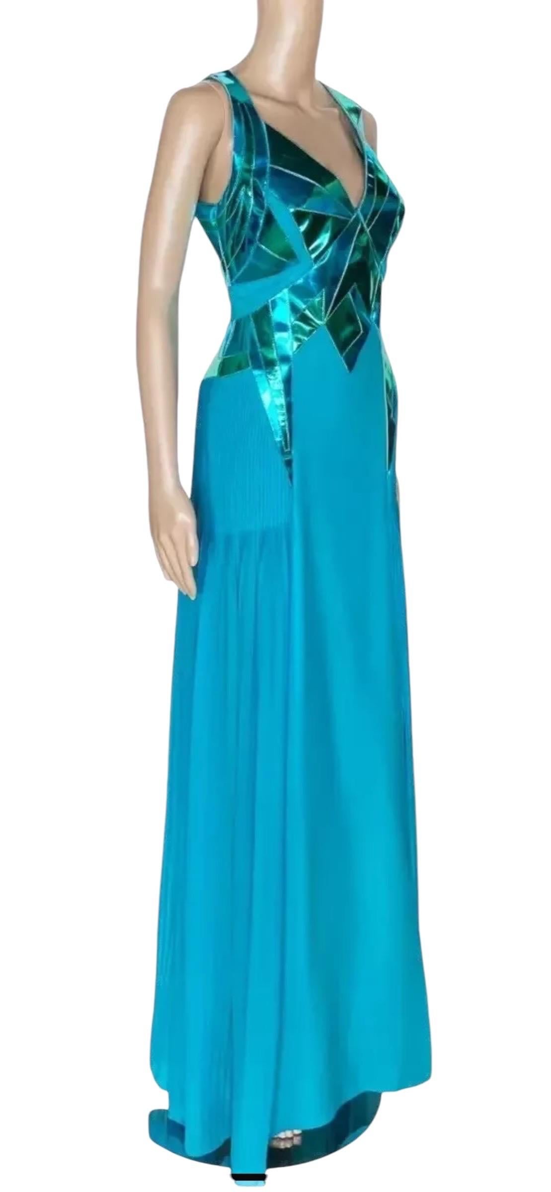 F/W 2010 Look#38 Vintage Versace Turquoise Silk Gown with Mirrored Leather 44 For Sale 3