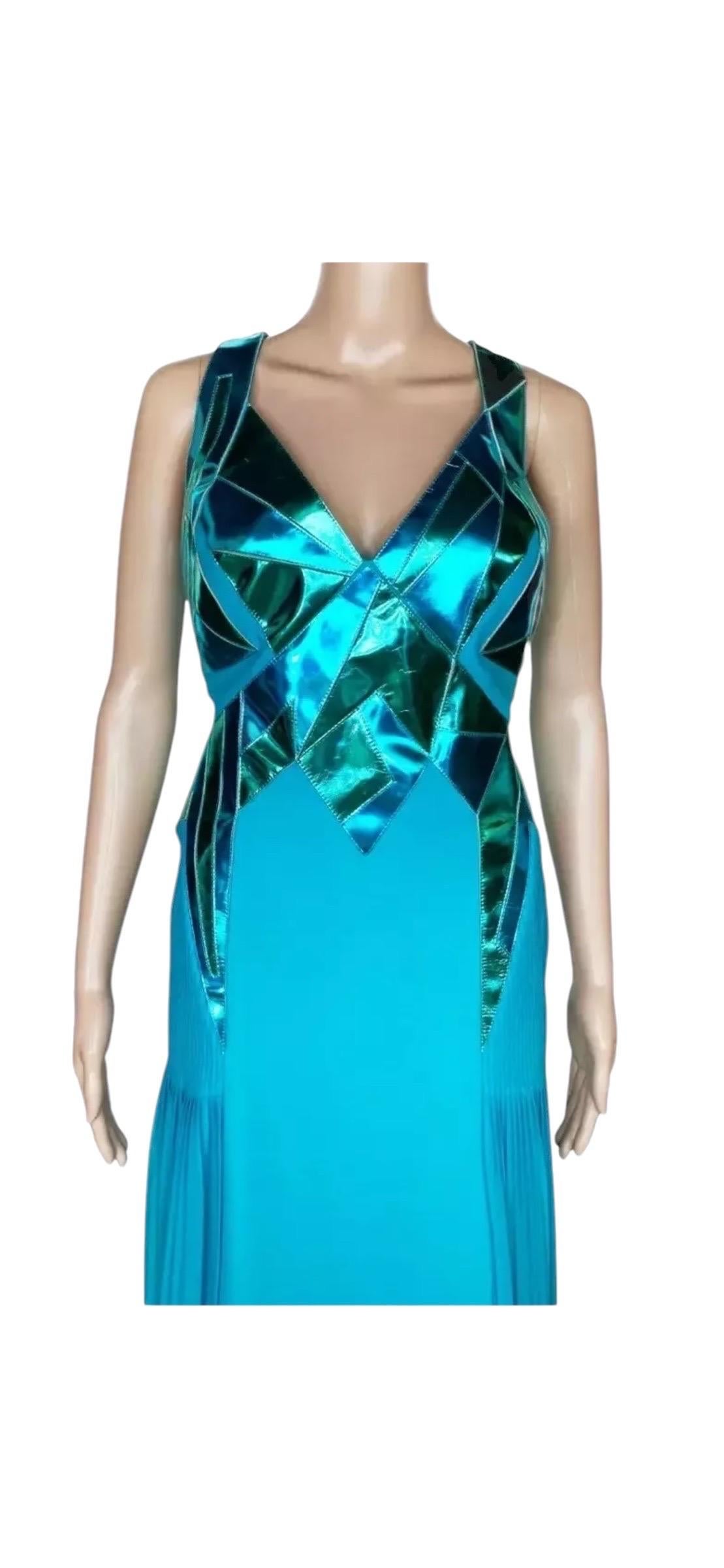 F/W 2010 Look#38 Vintage Versace Turquoise Silk Gown with Mirrored Leather 44 For Sale 4
