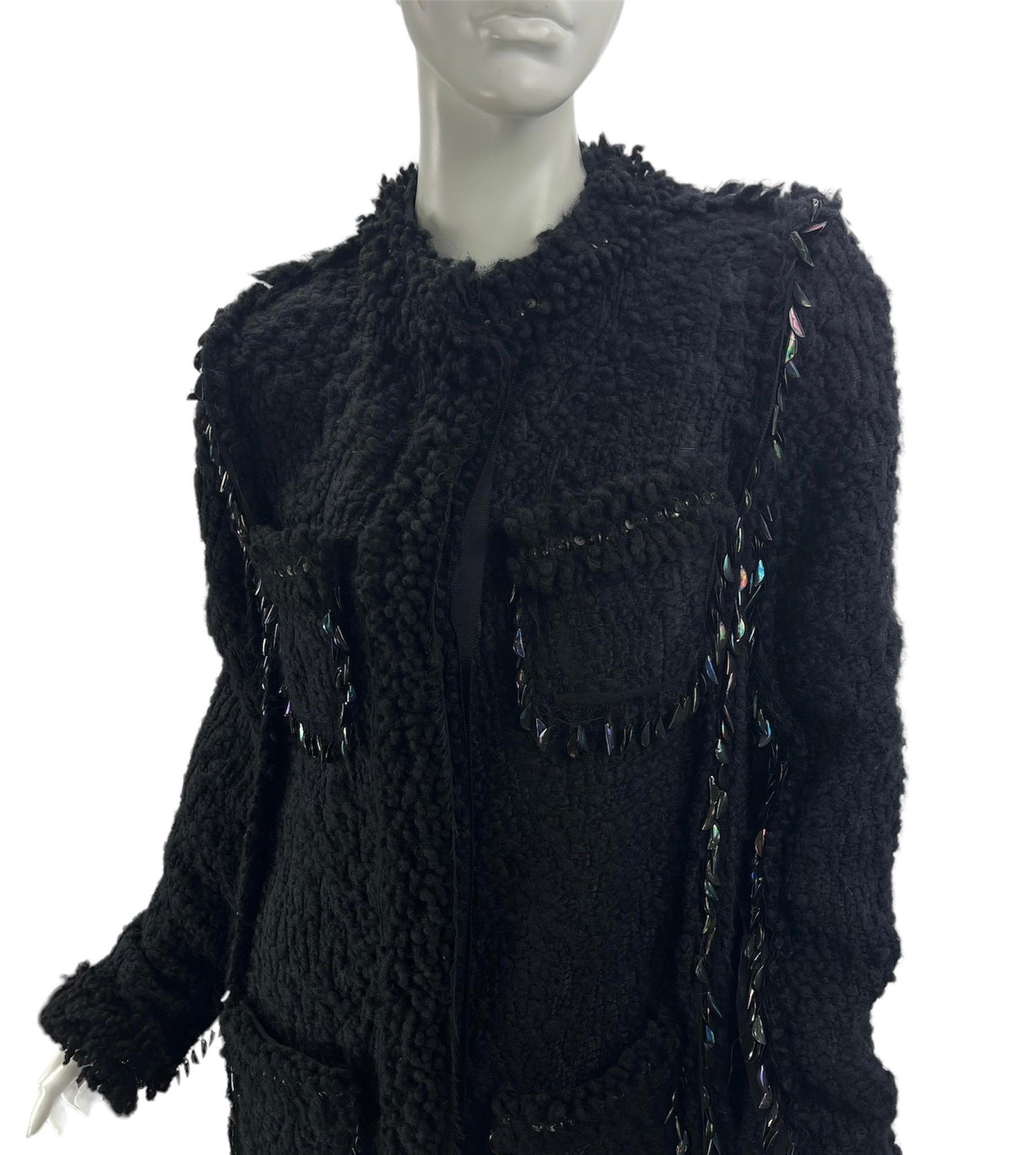 H/W 2010 Vintage Lanvin Schwarzer verzierter Boucle-Tweedmantel aus Tweed 40 - 8 Neu mit Blumenmuster Damen im Angebot