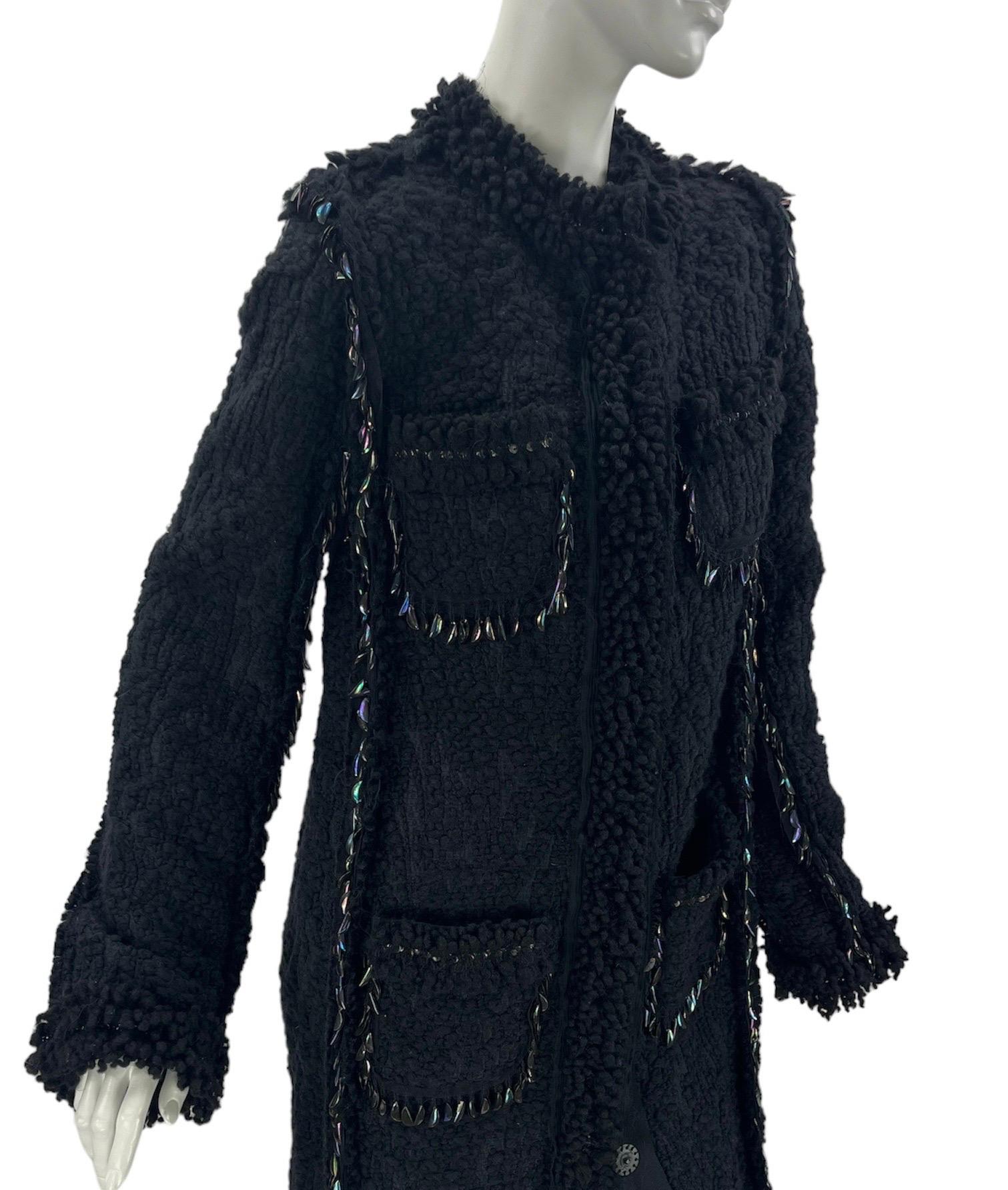 H/W 2010 Vintage Lanvin Schwarzer verzierter Boucle-Tweedmantel aus Tweed 40 - 8 Neu mit Blumenmuster im Angebot 1