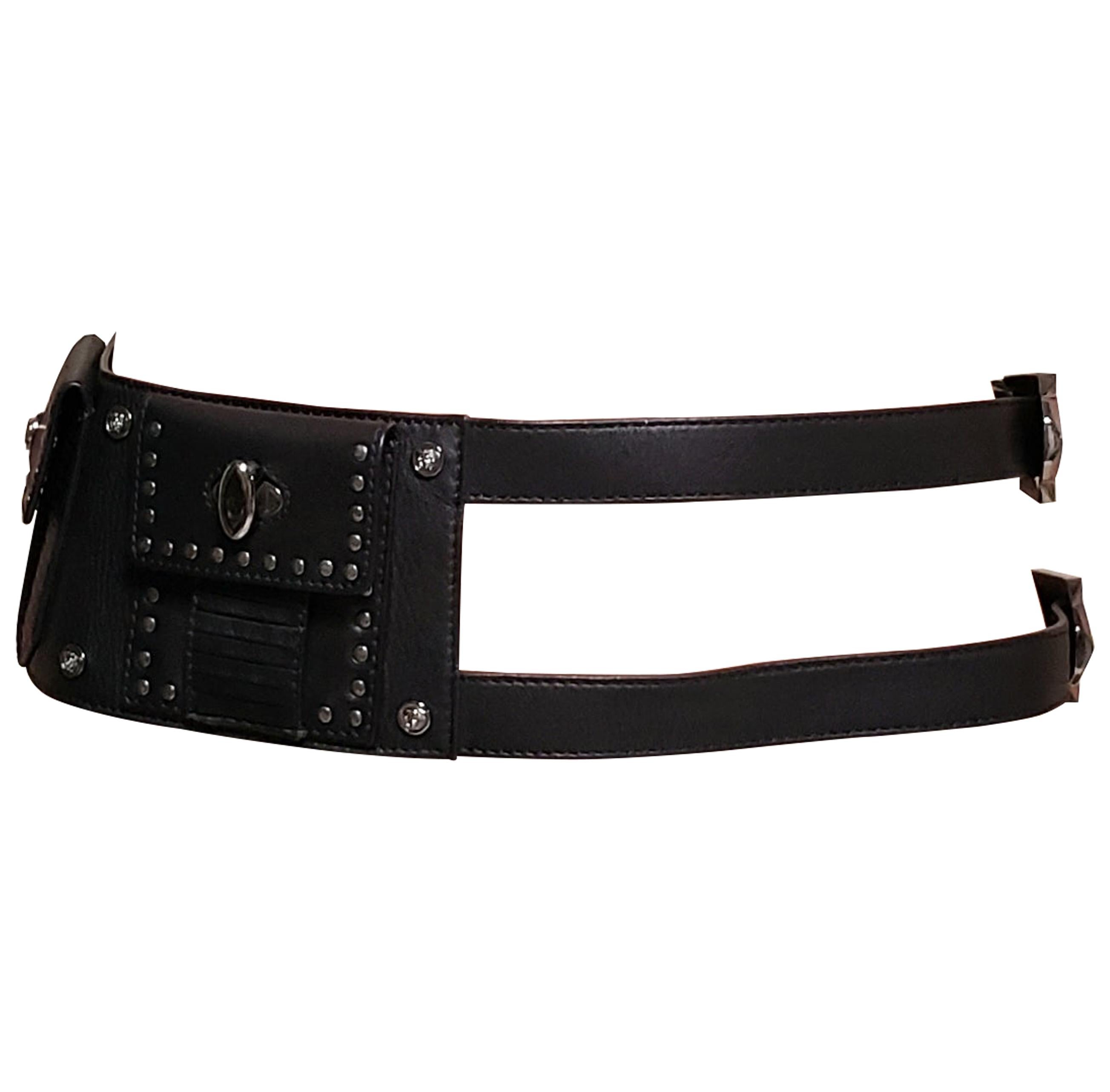 F/W 2011 Look #7 VERSACE BLACK LEATHER STUDDED BELT with MEDUSA BUCKLE 