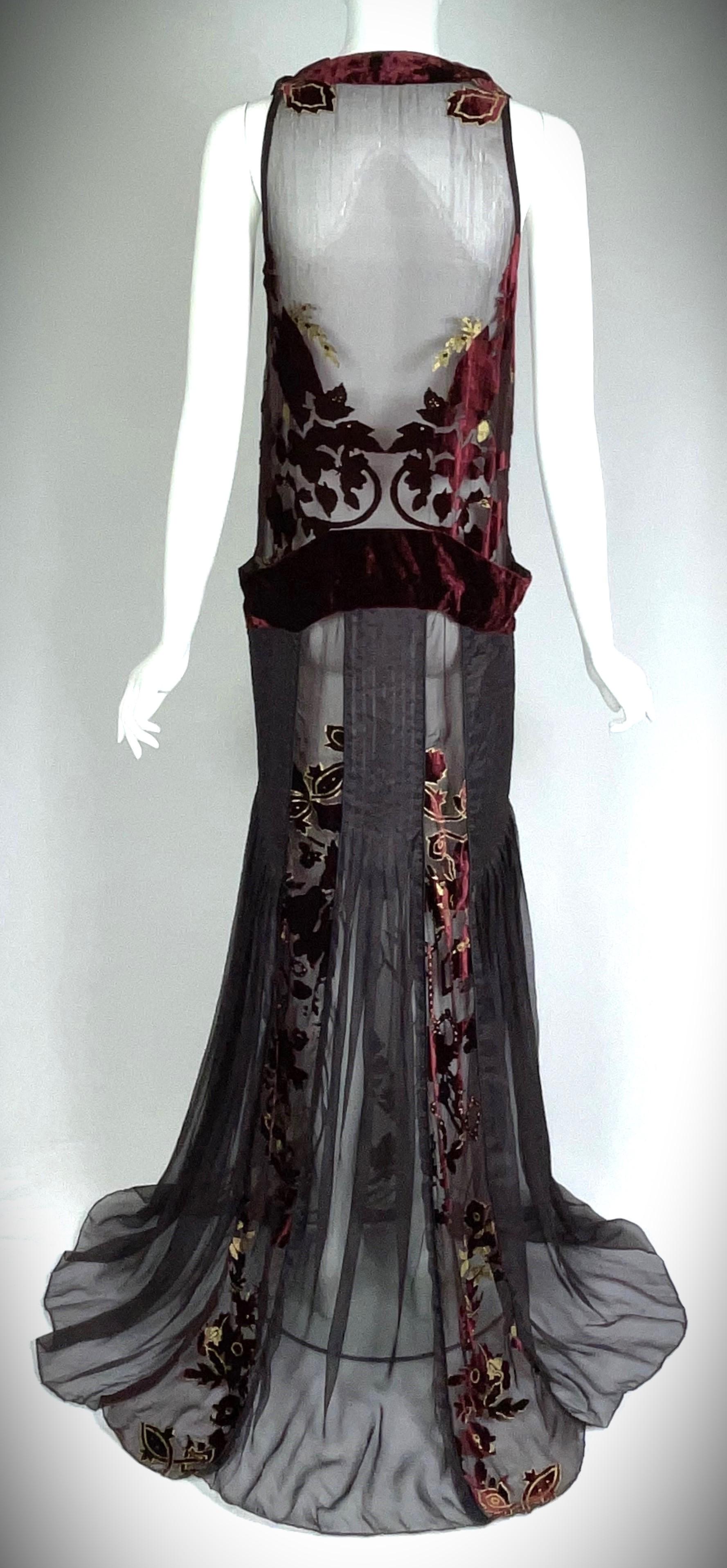 F/W 2011 Roberto Cavalli Runway Sheer Burgundy Silk & Velvet Gown Dress In Fair Condition In Yukon, OK