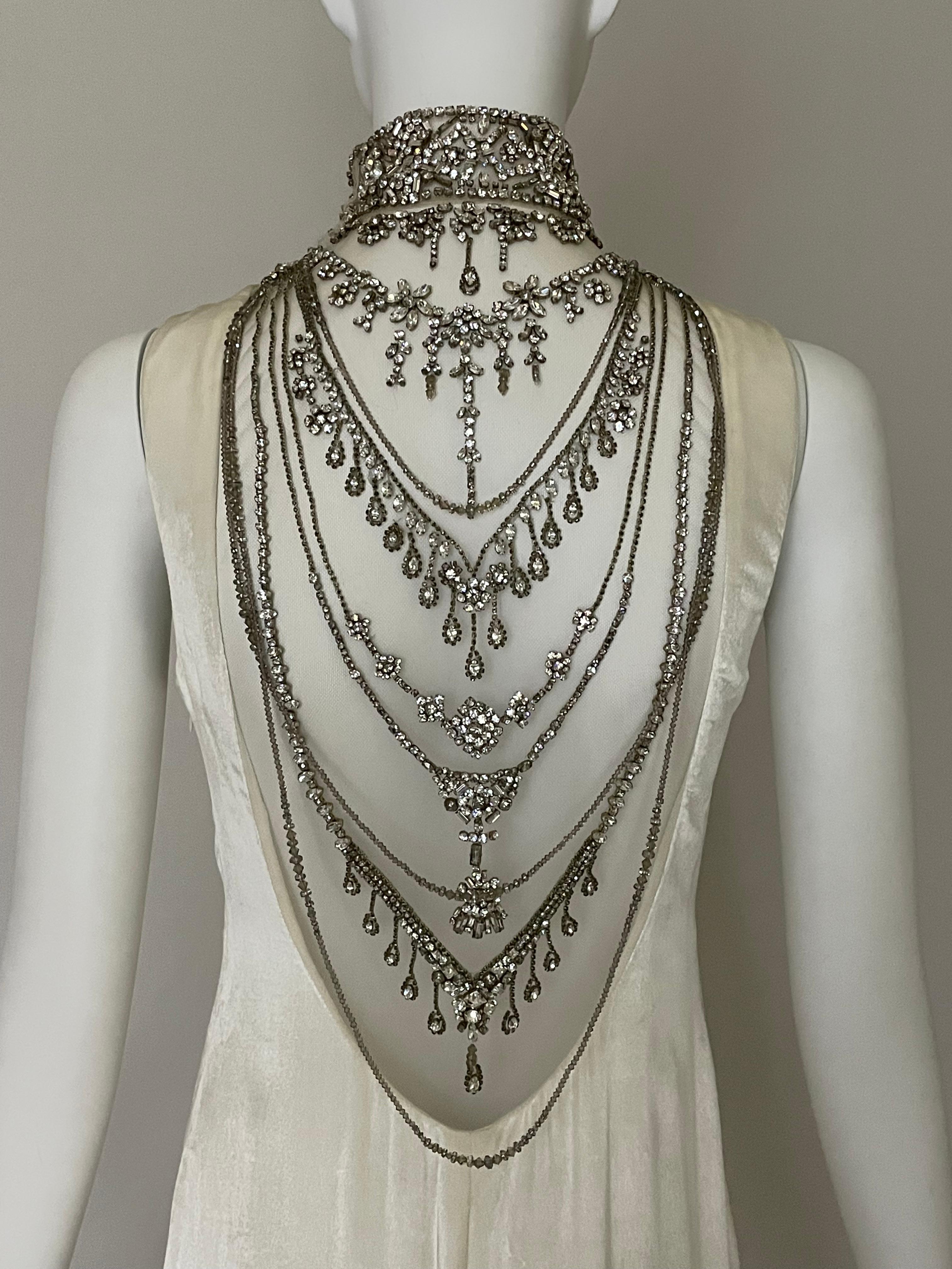 F/W 2012 Ralph Lauren Collection Runway Ivory Velvet Sheer Beaded Crystal Dress In Good Condition In Yukon, OK