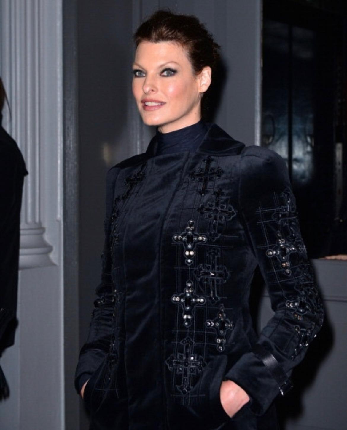 F/W 2012 Versace by Donatella Black Velvet Crystal Cross Trench Coat  8