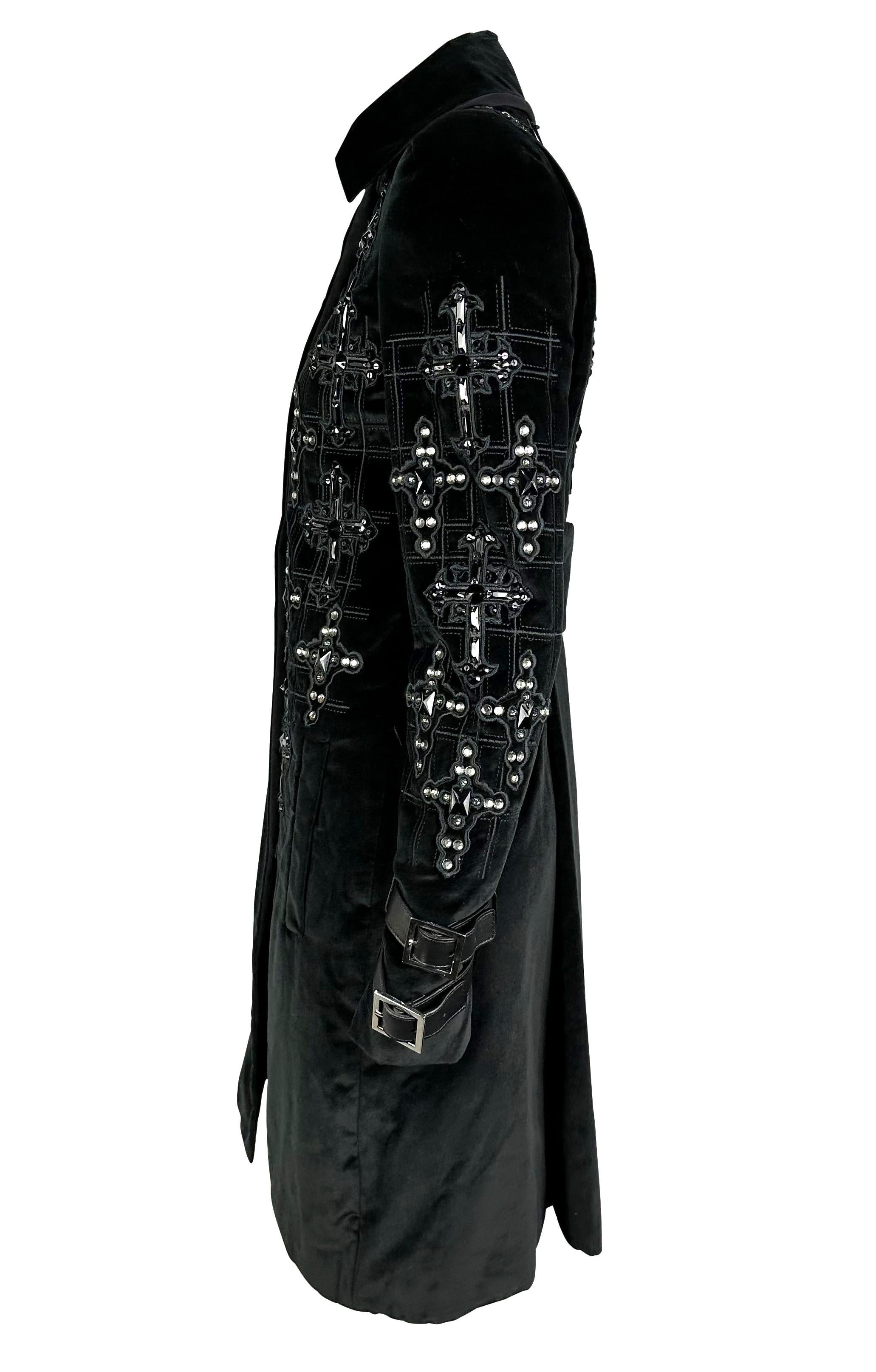 F/W 2012 Versace by Donatella Black Velvet Crystal Cross Trench Coat  In Excellent Condition In West Hollywood, CA
