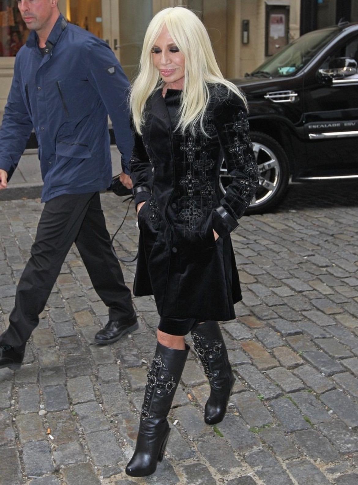 F/W 2012 Versace by Donatella Black Velvet Crystal Cross Trench Coat  4