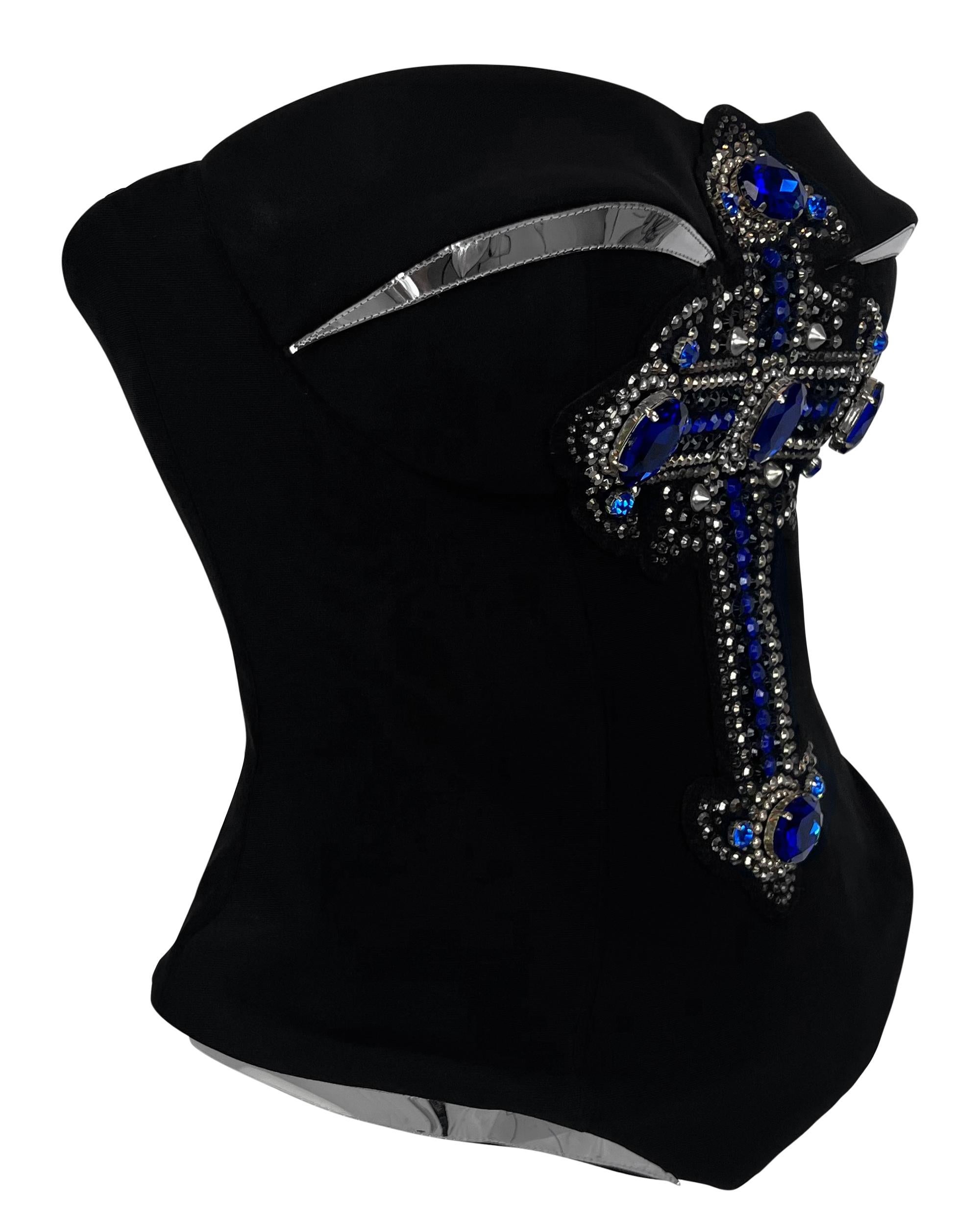 F/W 2012 Versace by Donatella Runway Blue Rhinestone Crucifix Corset Top For Sale 7