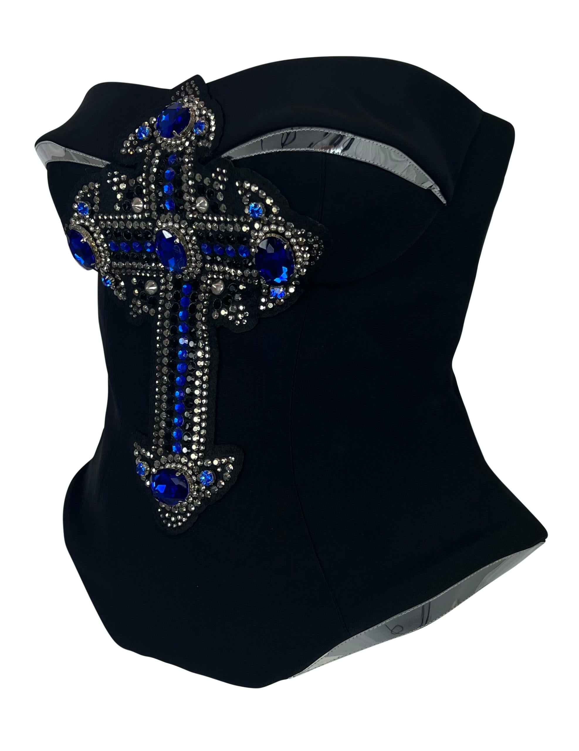F/W 2012 Versace by Donatella Runway Blue Rhinestone Crucifix Corset Top For Sale 2
