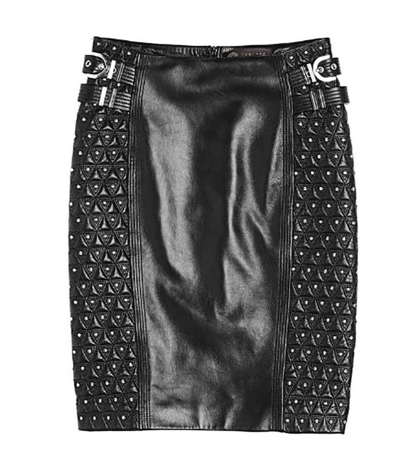 F/W 2013 L# 28 VERSACE STUDDED BLACK LEATHER MOTO PENCIL SKIRT Sz IT 38 and 40  In New Condition For Sale In Montgomery, TX