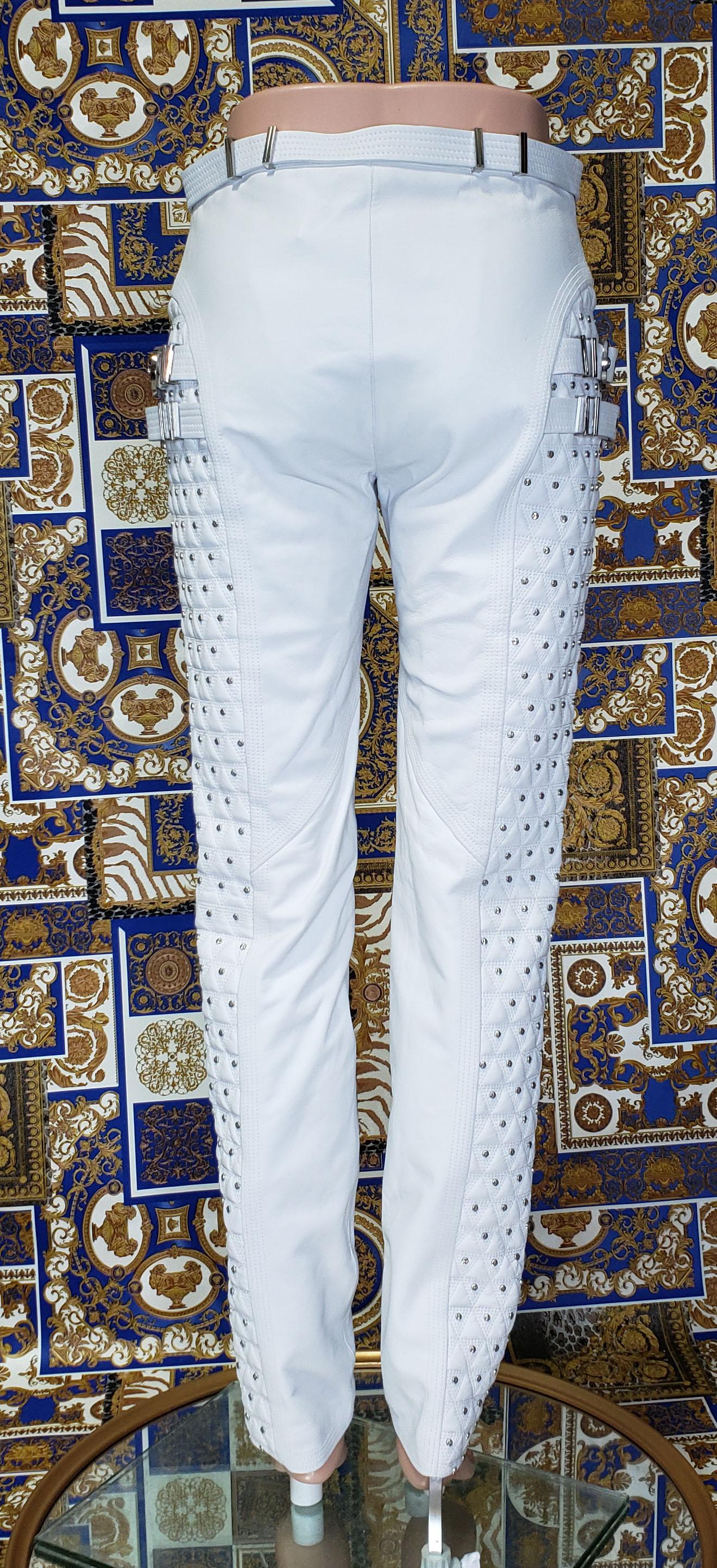 F/W 2013 L# 37 VERSACE WHITE STUDDED LEATHER MOTO PANTS size 38, 40, 42, 44 For Sale 2