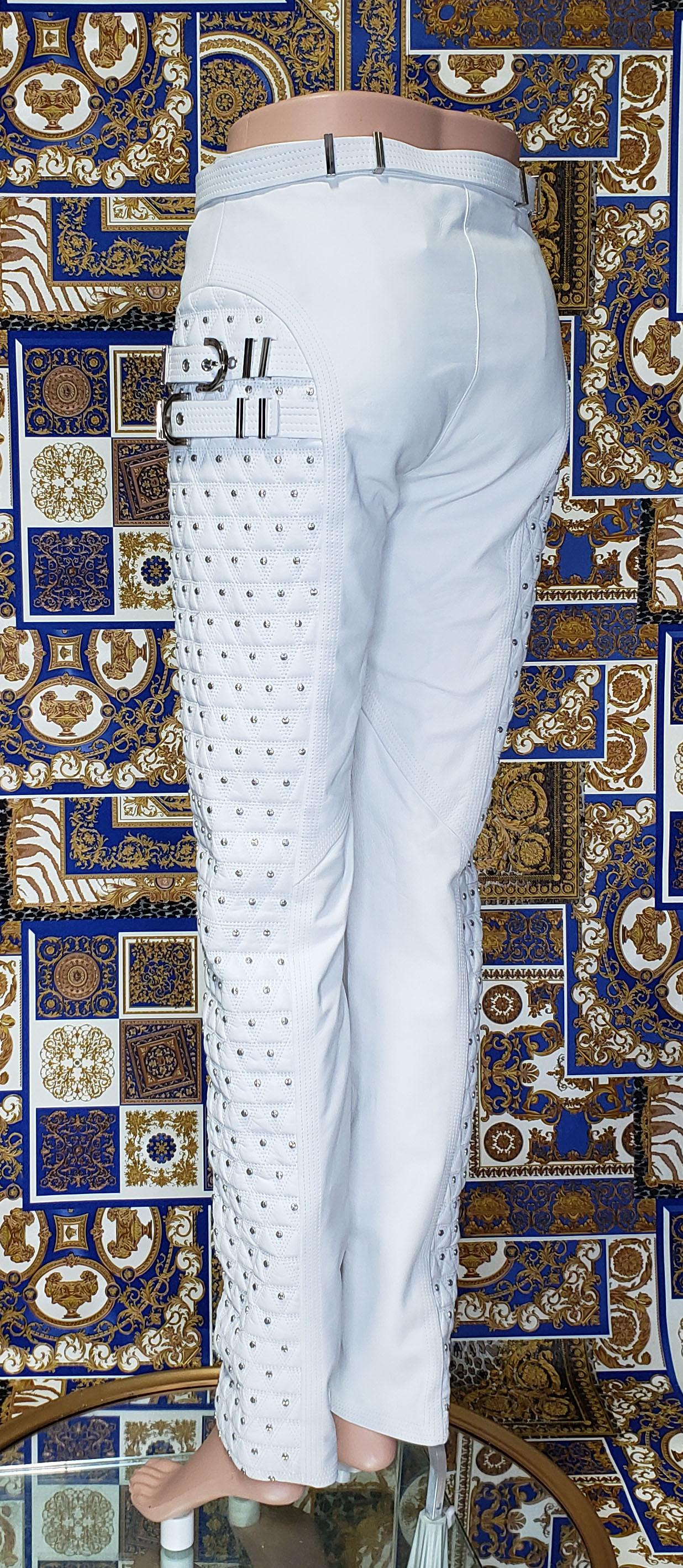 F/W 2013 L# 37 VERSACE WHITE STUDDED LEATHER MOTO PANTS size 38, 40, 42, 44 For Sale 1