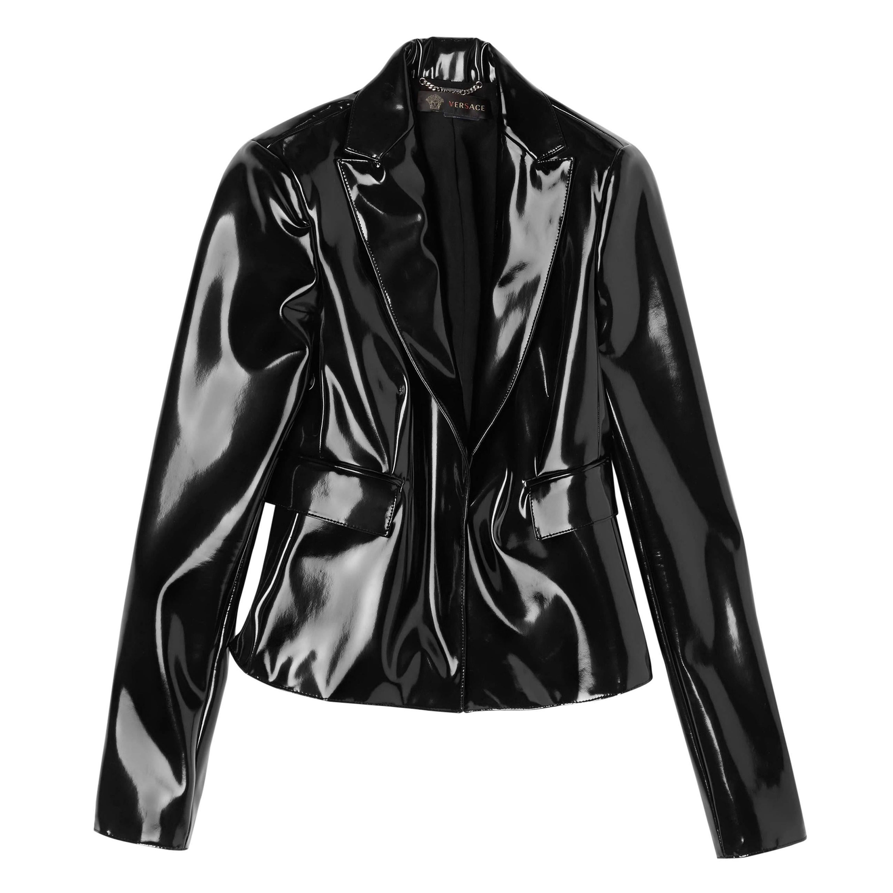 F/W 2013 Look # 3 NEW VERSACE BLACK JAPANECE VINYL JACKET 38 - 2 For Sale
